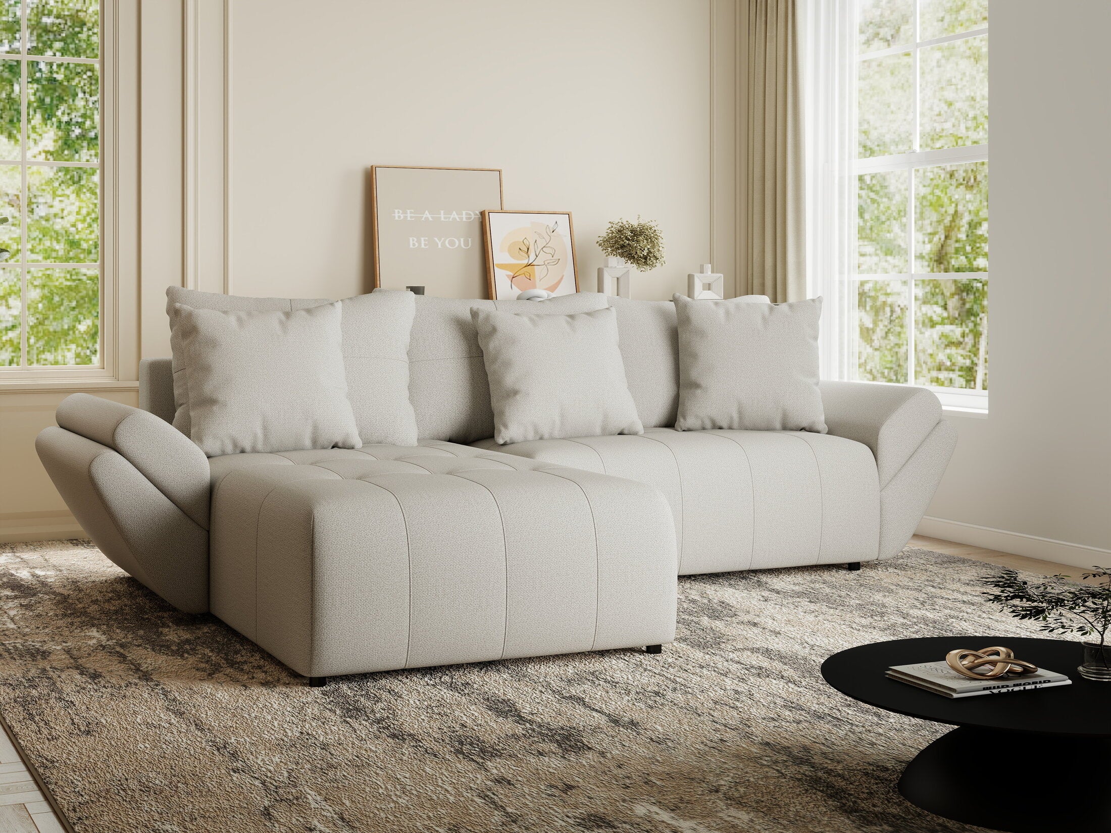 Colțar extensibil dumonde cu ladă de depozitare si sezut confortabil din spuma HR, Berlin Enjoy Bej 280x185 cm