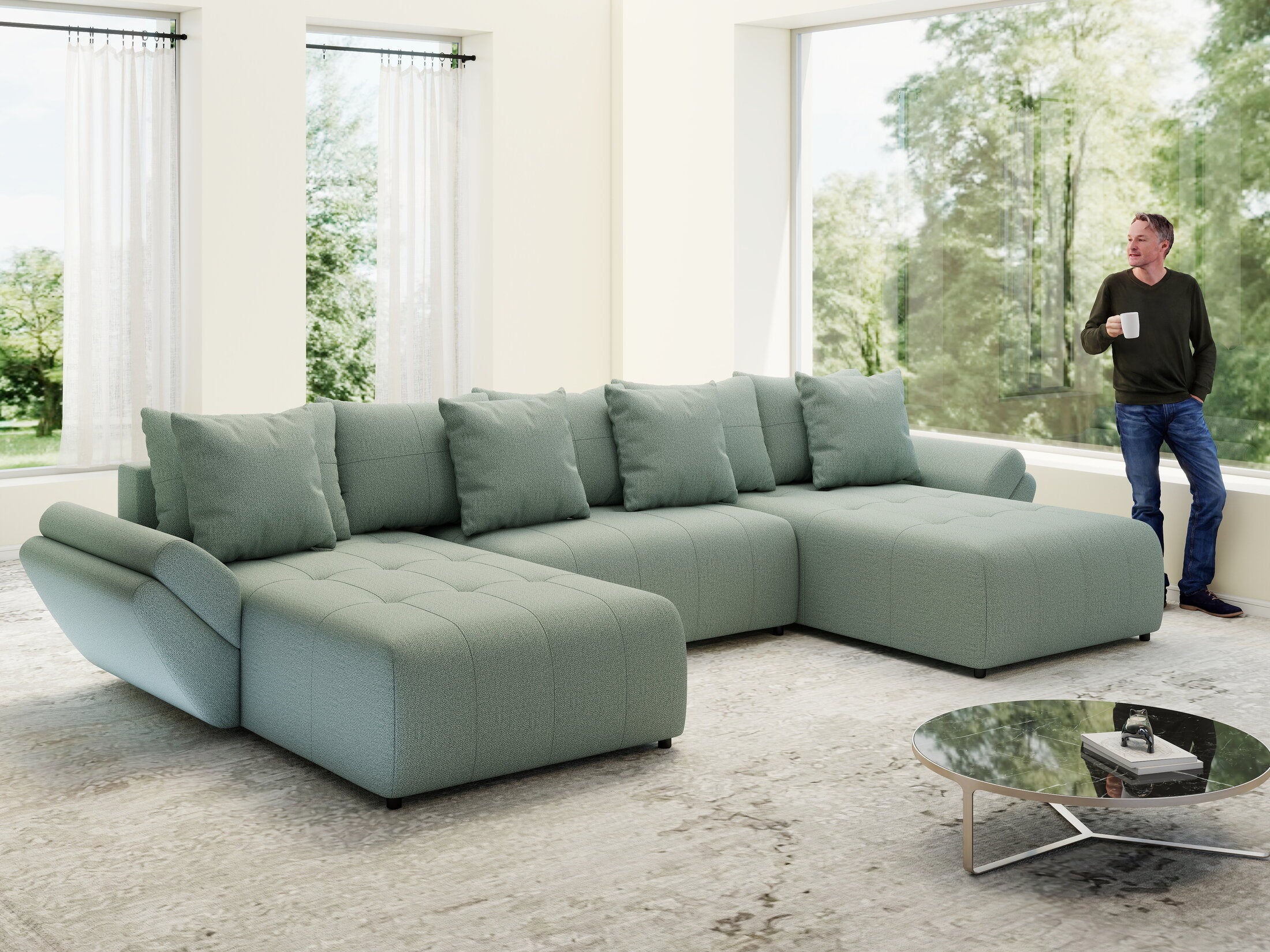 Colțar extensibil dumonde cu ladă de depozitare si sezut confortabil din spuma HR, Berlin U Enjoy Mint 380x180 cm