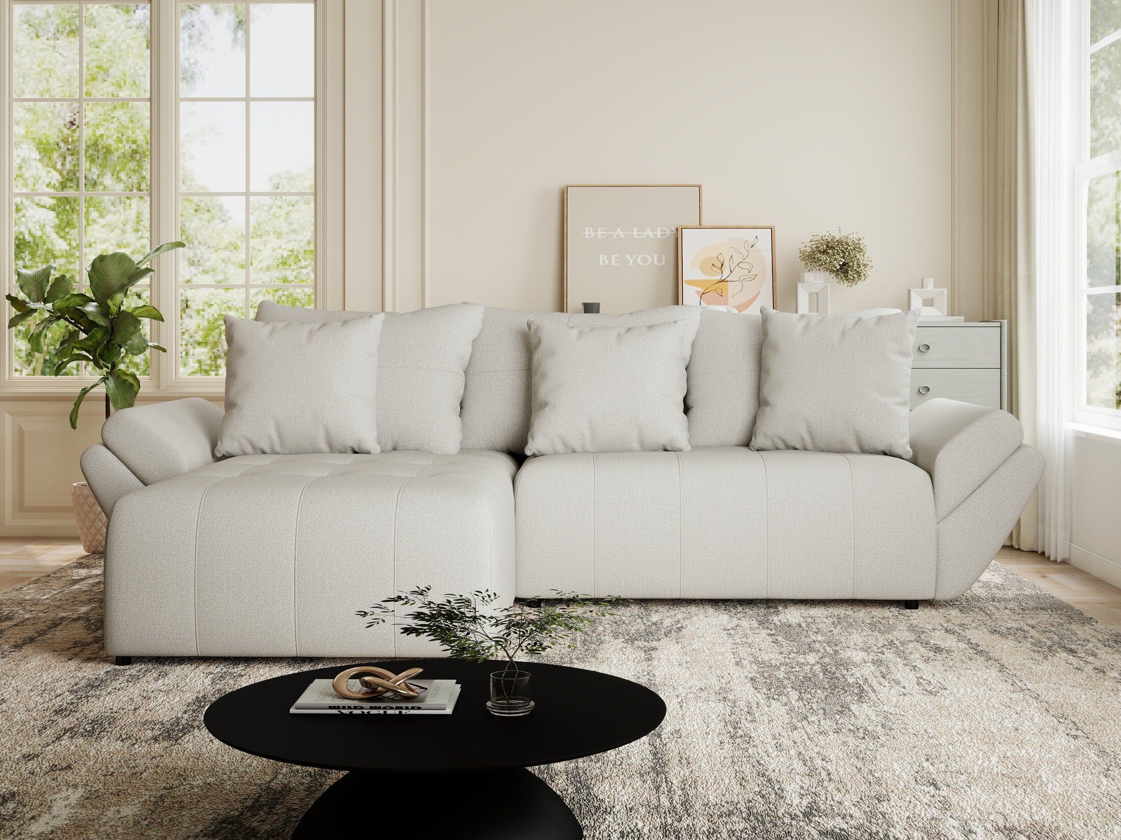 Colțar extensibil dumonde cu ladă de depozitare si sezut confortabil din spuma HR, Berlin Enjoy Bej 280x185 cm