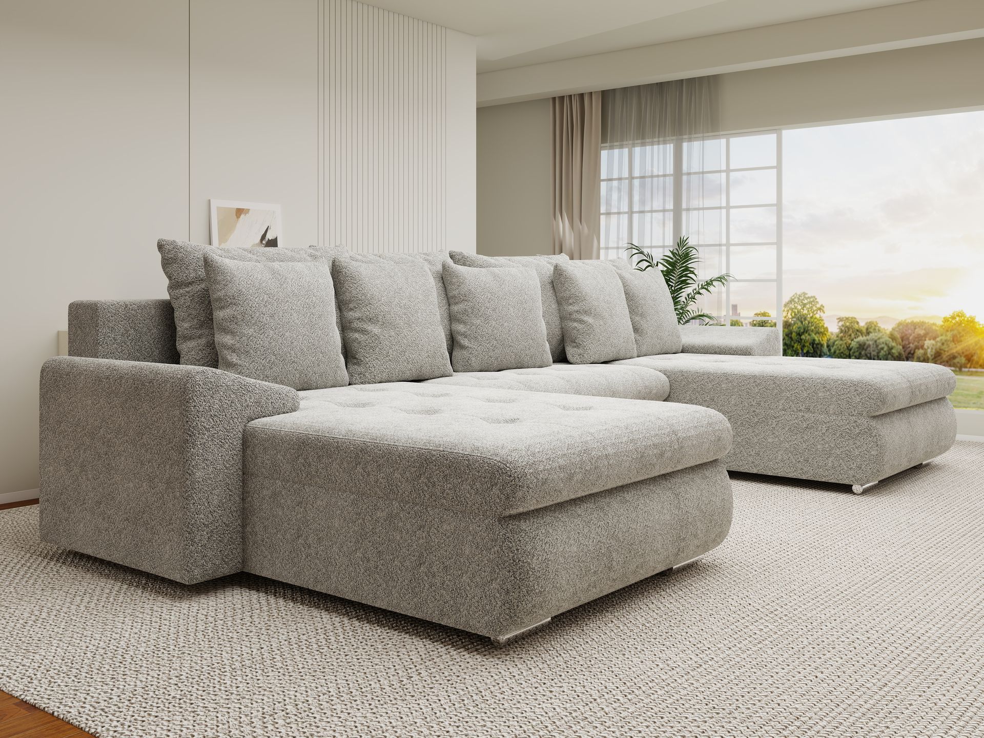 Colțar extensibil dumonde cu ladă de depozitare si sezut confortabil din spuma high-density, Leonardo U Arena Bej 02 360x185 cm
