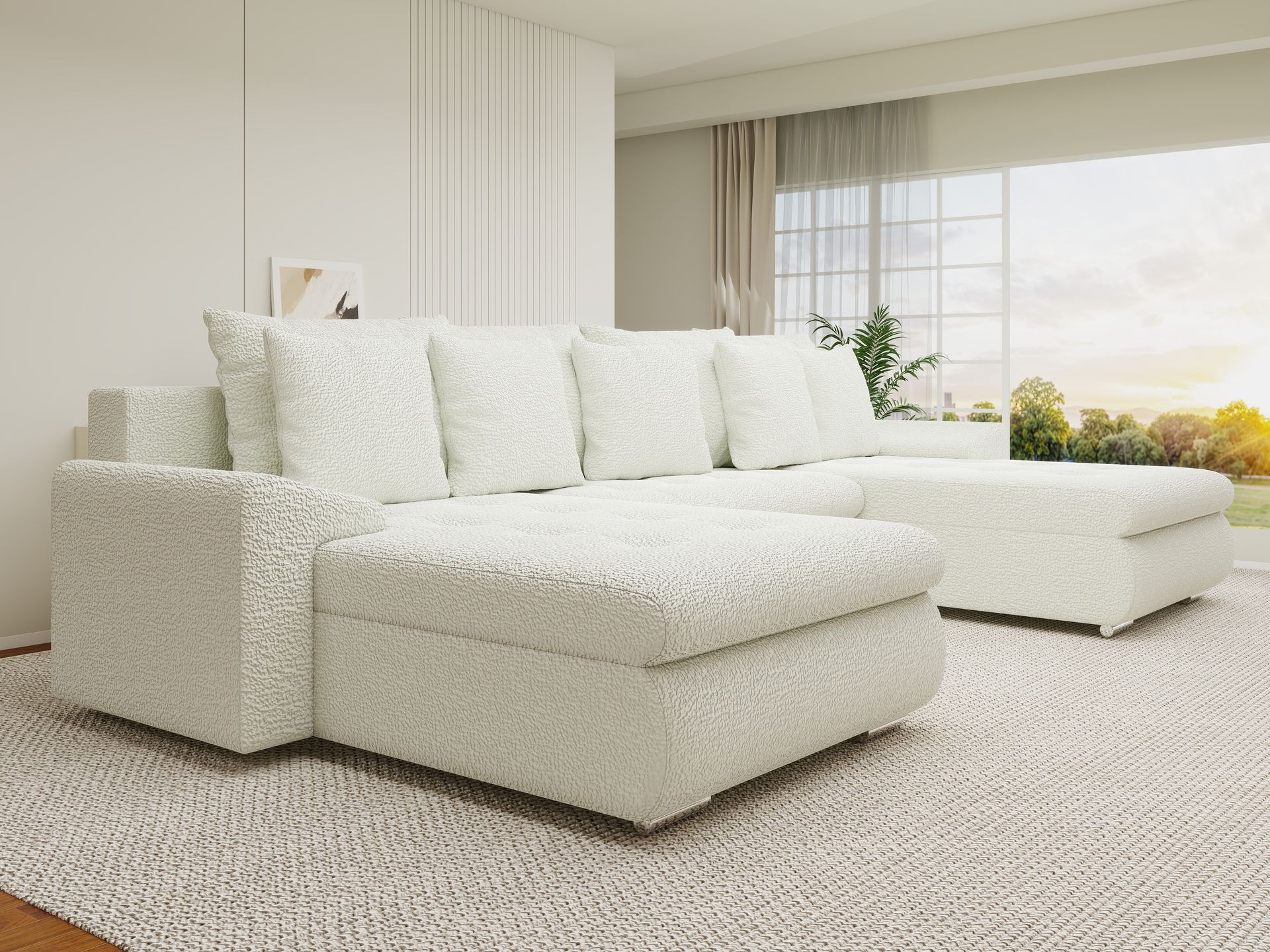 Colțar extensibil dumonde cu ladă de depozitare si sezut confortabil din spuma high-density, Leonardo U Jaguar Ivory 01 360x185 cm