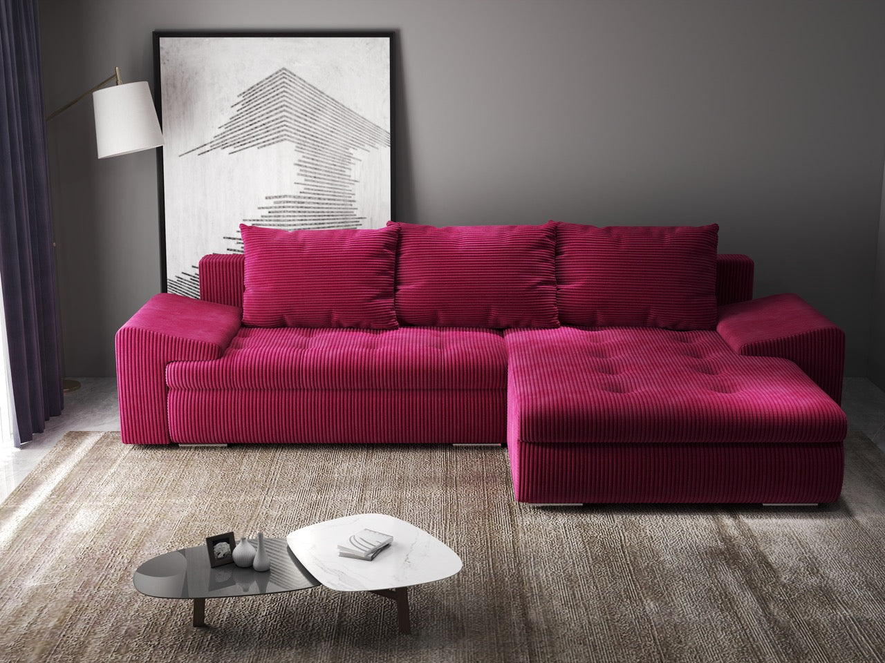 Colțar extensibil dumonde cu ladă de depozitare si sezut confortabil din spuma HR, Leonardo Zoom Rosu 260x185 cm II Fabrica