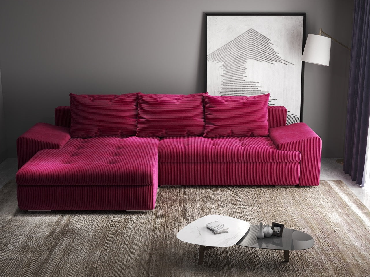 Colțar extensibil dumonde cu ladă de depozitare si sezut confortabil din spuma HR, Leonardo Zoom Rosu 260x185 cm Fabrica