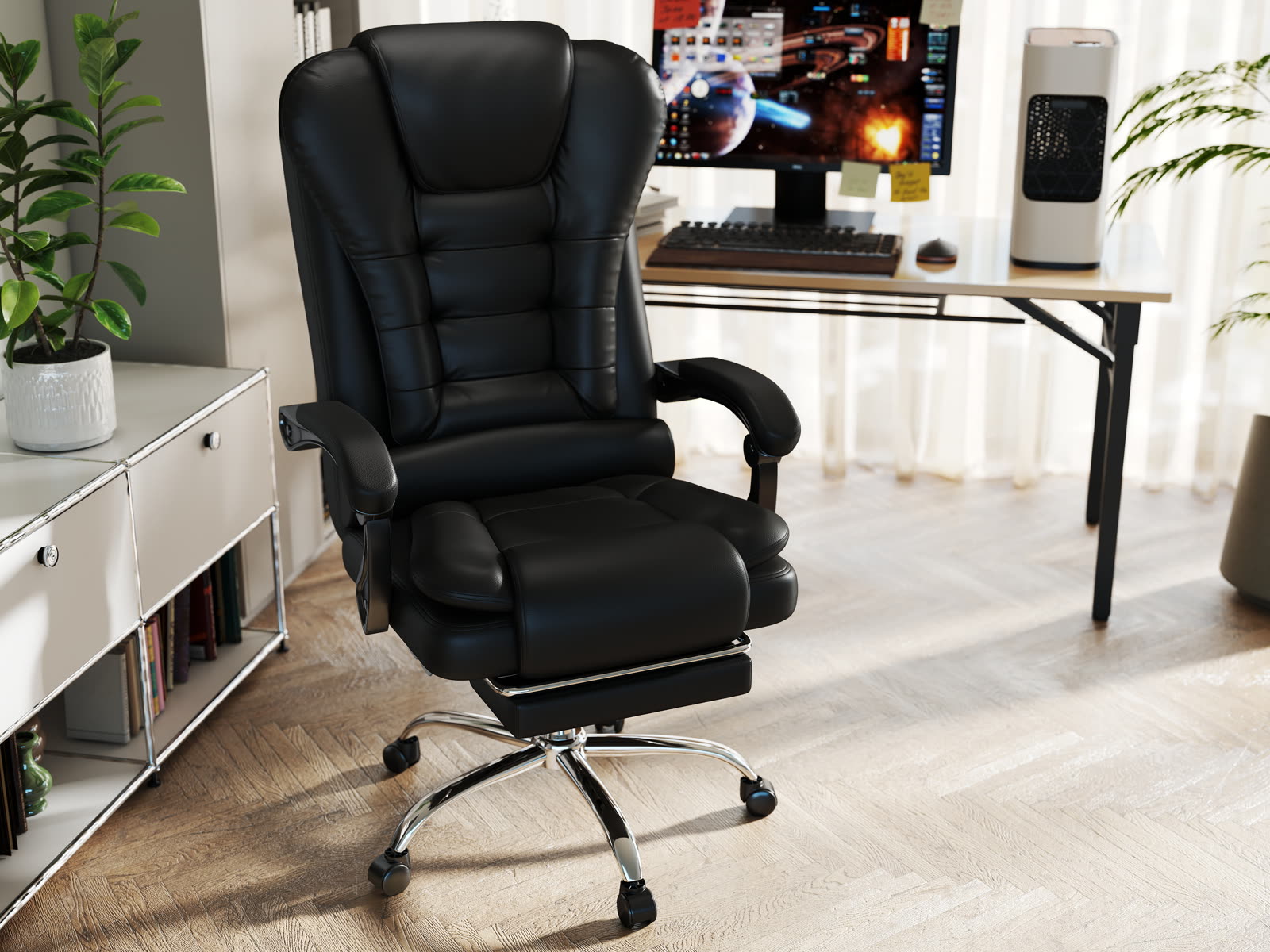 Scaun Directorial Dumonde OMEGA, cotiere 3D, mecanism multifuncțional, ecopiele, suport picioare, negru