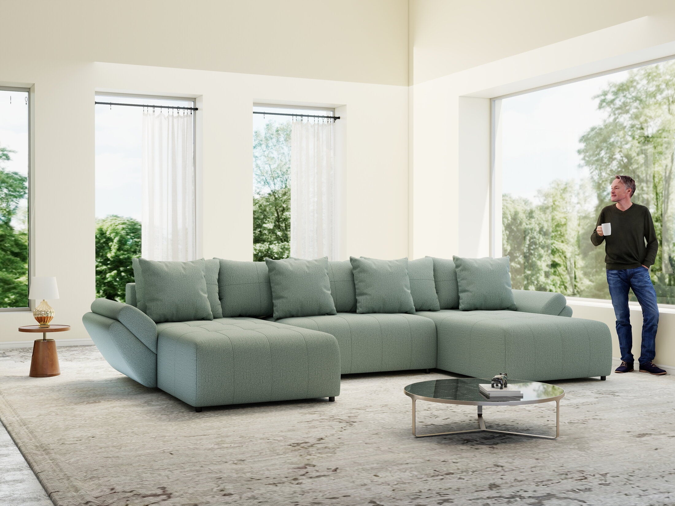 Colțar extensibil dumonde cu ladă de depozitare si sezut confortabil din spuma HR, Berlin U Enjoy Mint 380x180 cm