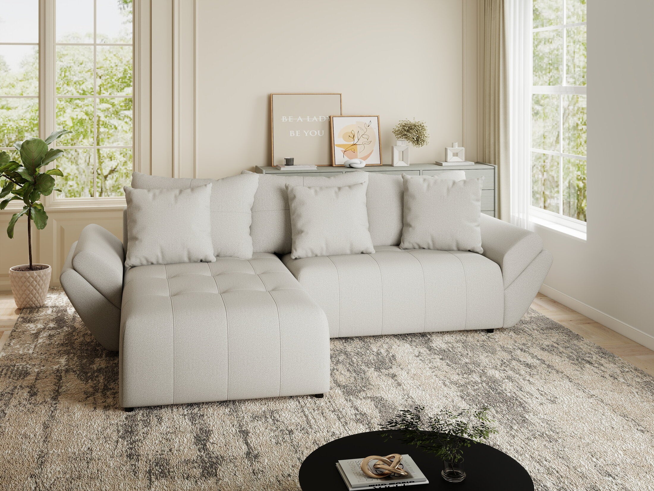 Colțar extensibil dumonde cu ladă de depozitare si sezut confortabil din spuma HR, Berlin Enjoy Bej 280x185 cm