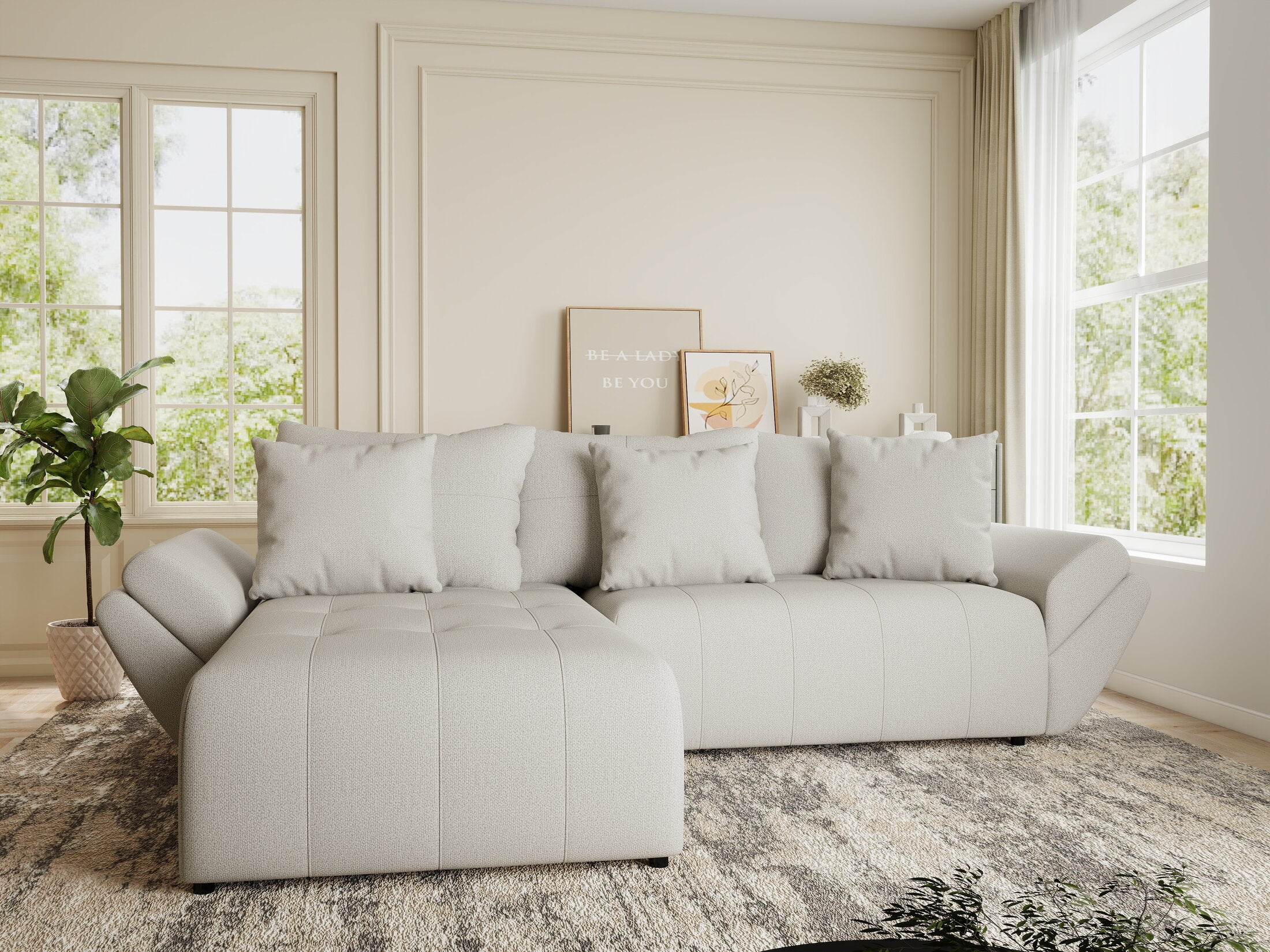 Colțar extensibil dumonde cu ladă de depozitare si sezut confortabil din spuma HR, Berlin Enjoy Bej 280x185 cm