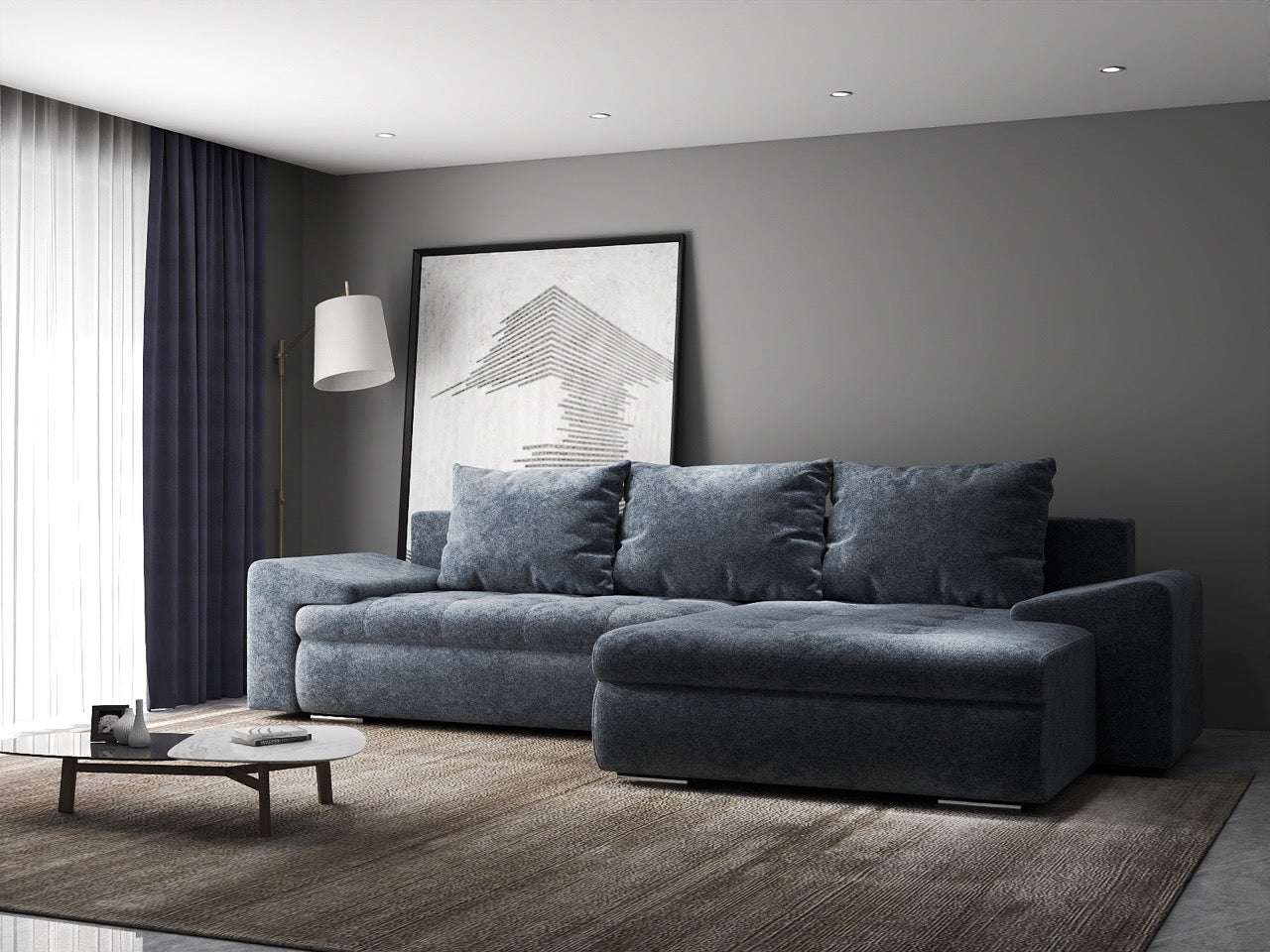 Colțar extensibil dumonde cu ladă de depozitare si sezut confortabil din spuma HR, Leonardo Euphoria Grafit 260x185 cm II Fabrica