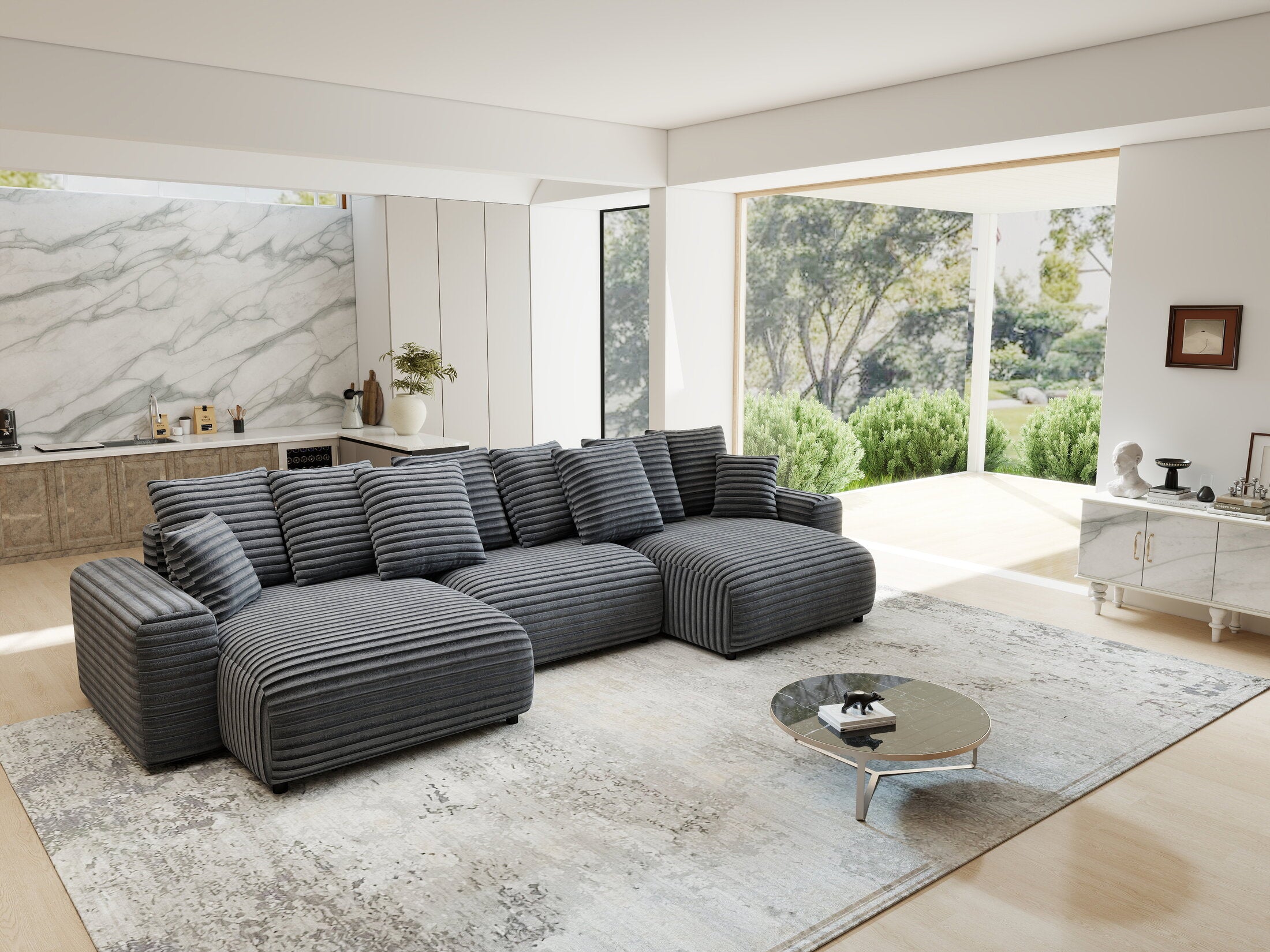 Colțar extensibil dumonde cu ladă de depozitare si sezut confortabil din spuma HR, Luma U Ambience Gri 336x140 cm