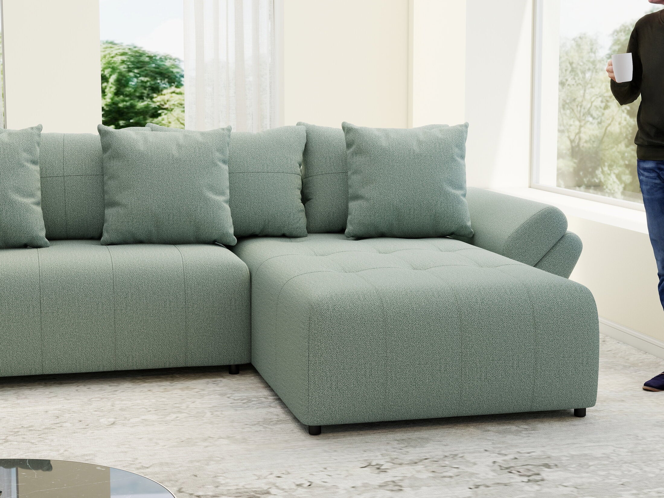 Colțar extensibil dumonde cu ladă de depozitare si sezut confortabil din spuma HR, Berlin U Enjoy Mint 380x180 cm