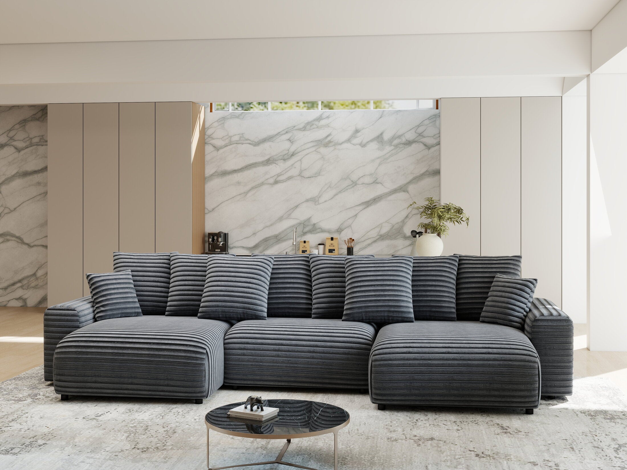 Colțar extensibil dumonde cu ladă de depozitare si sezut confortabil din spuma HR, Luma U Ambience Gri 336x140 cm