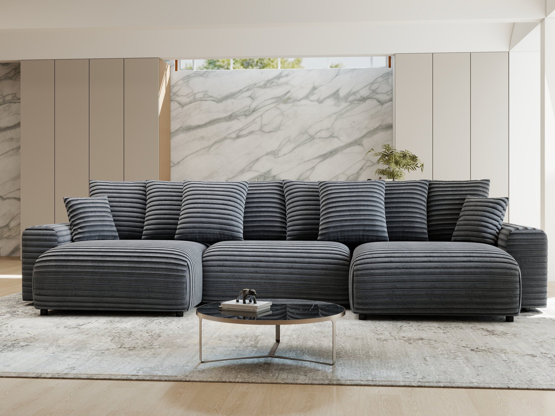 Colțar extensibil dumonde cu ladă de depozitare si sezut confortabil din spuma HR, Luma U Ambience Gri 336x140 cm