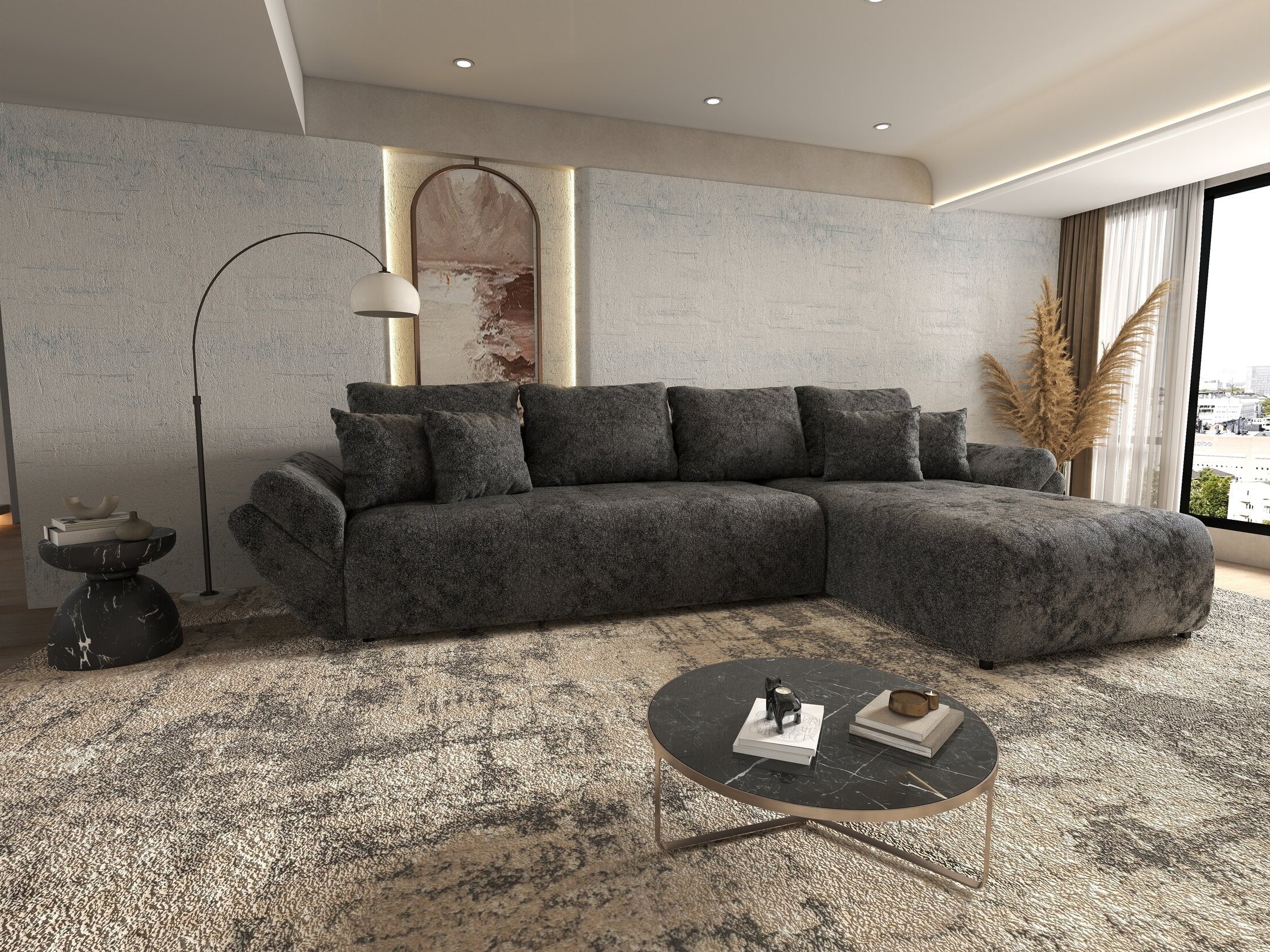 Colțar extensibil dumonde cu ladă de depozitare si sezut confortabil din spuma HR, Berlin XL Euphoria Negru 350x185 cm II