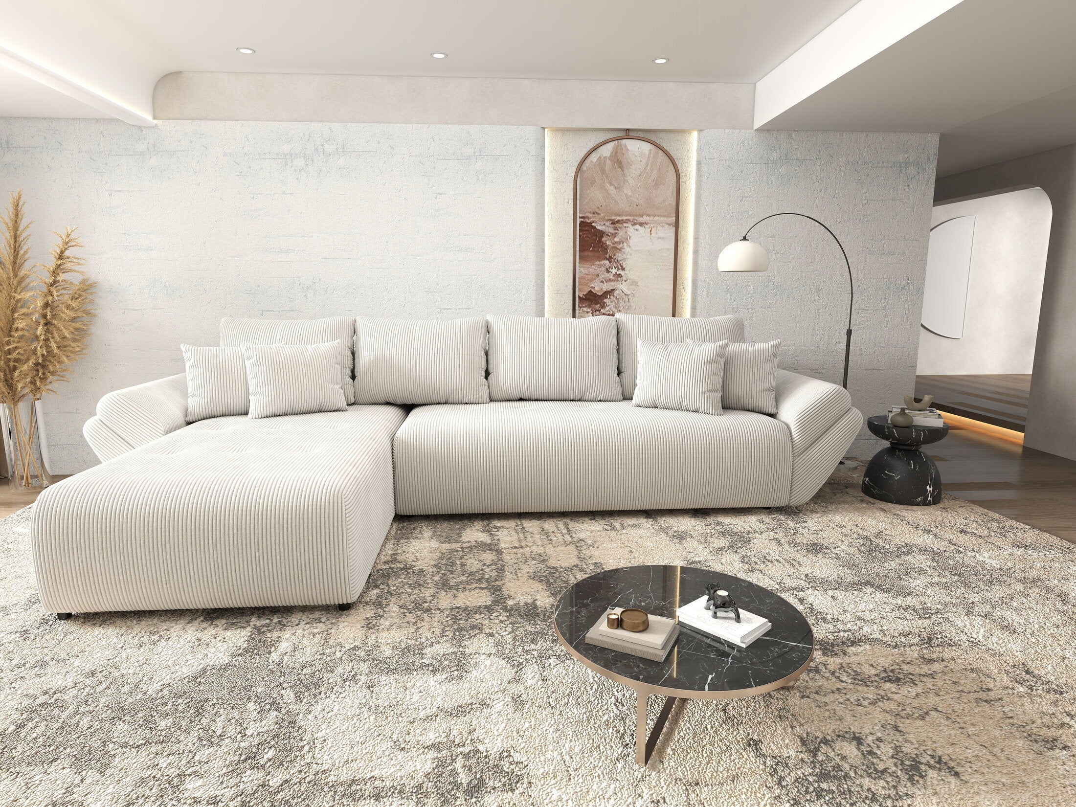 Colțar extensibil dumonde cu ladă de depozitare si sezut confortabil din spuma HR, Berlin XL Zoom Crem 350x185 cm