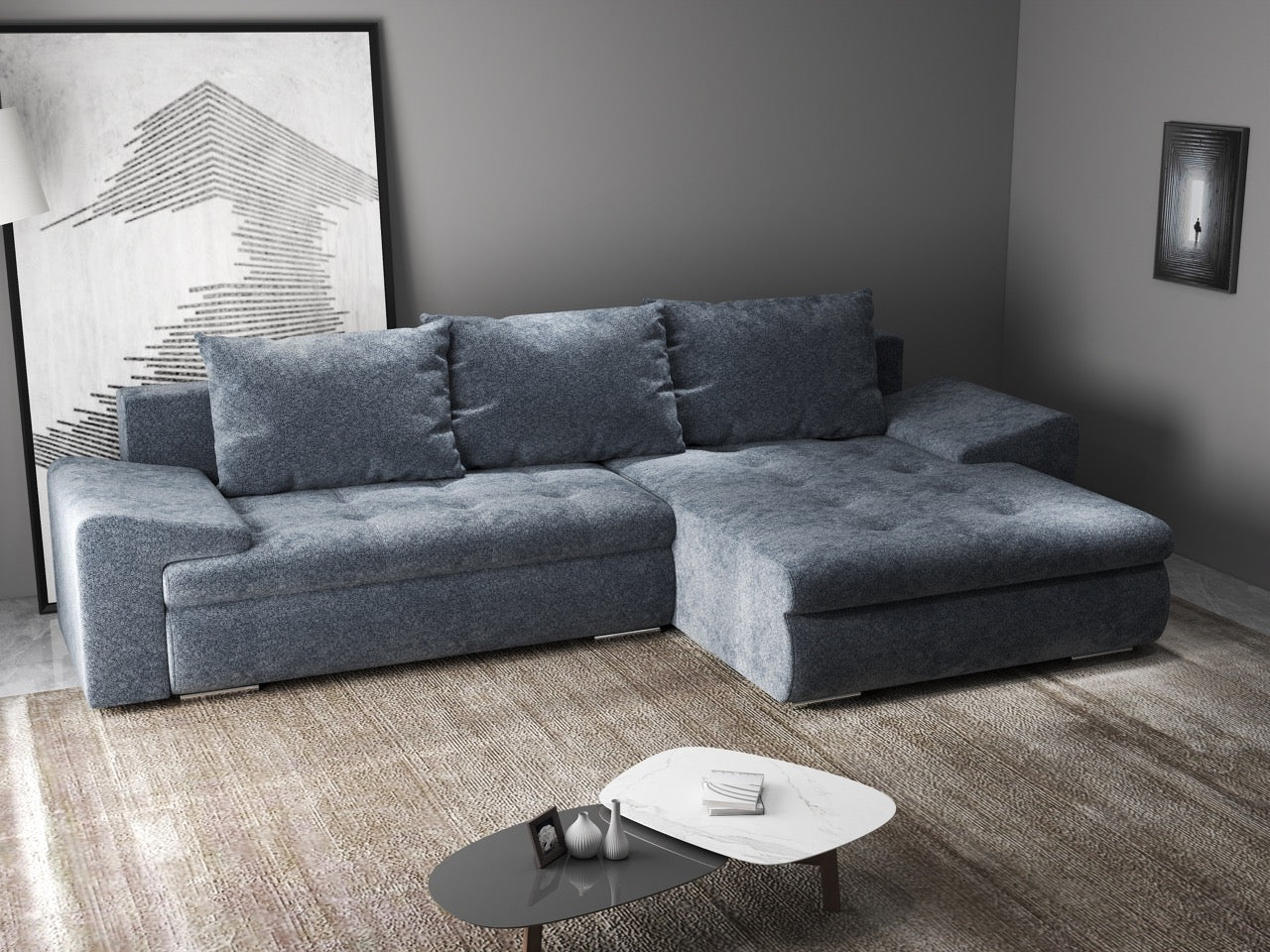 Colțar extensibil dumonde cu ladă de depozitare si sezut confortabil din spuma HR, Leonardo Euphoria Grafit 260x185 cm II Fabrica