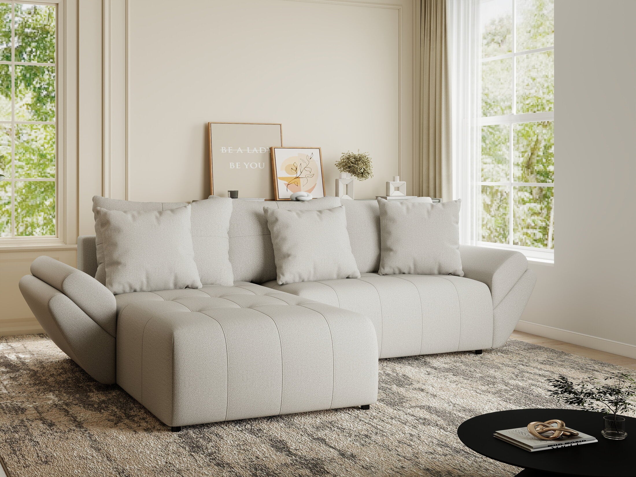 Colțar extensibil dumonde cu ladă de depozitare si sezut confortabil din spuma HR, Berlin Enjoy Bej 280x185 cm