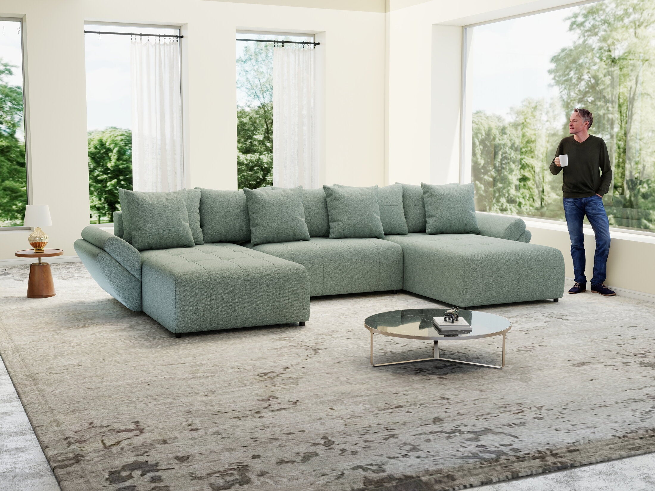 Colțar extensibil dumonde cu ladă de depozitare si sezut confortabil din spuma HR, Berlin U Enjoy Mint 380x180 cm