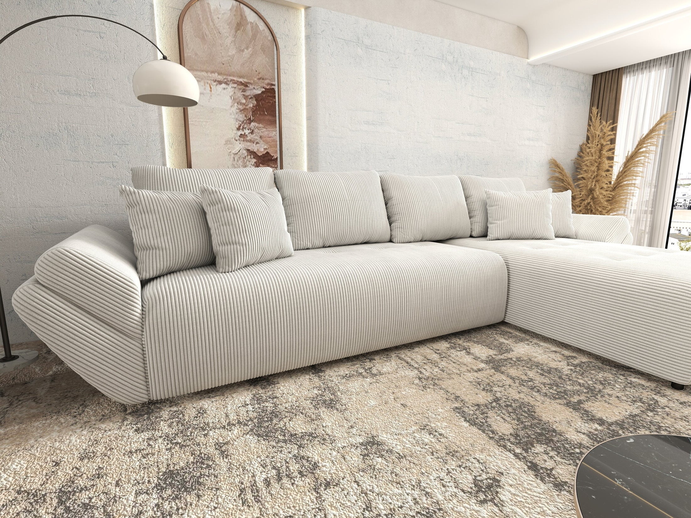 Colțar extensibil dumonde cu ladă de depozitare si sezut confortabil din spuma HR, Berlin XL Zoom Crem 350x185 cm II