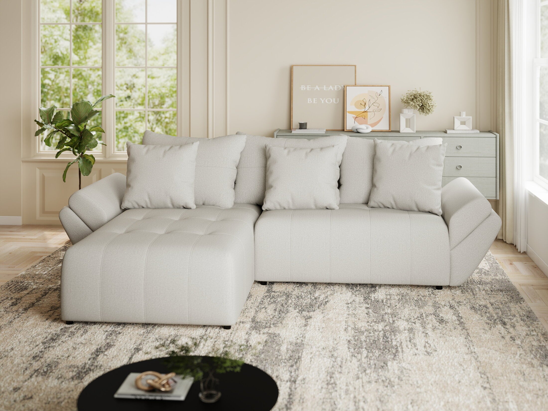 Colțar extensibil dumonde cu ladă de depozitare si sezut confortabil din spuma HR, Berlin Enjoy Bej 280x185 cm