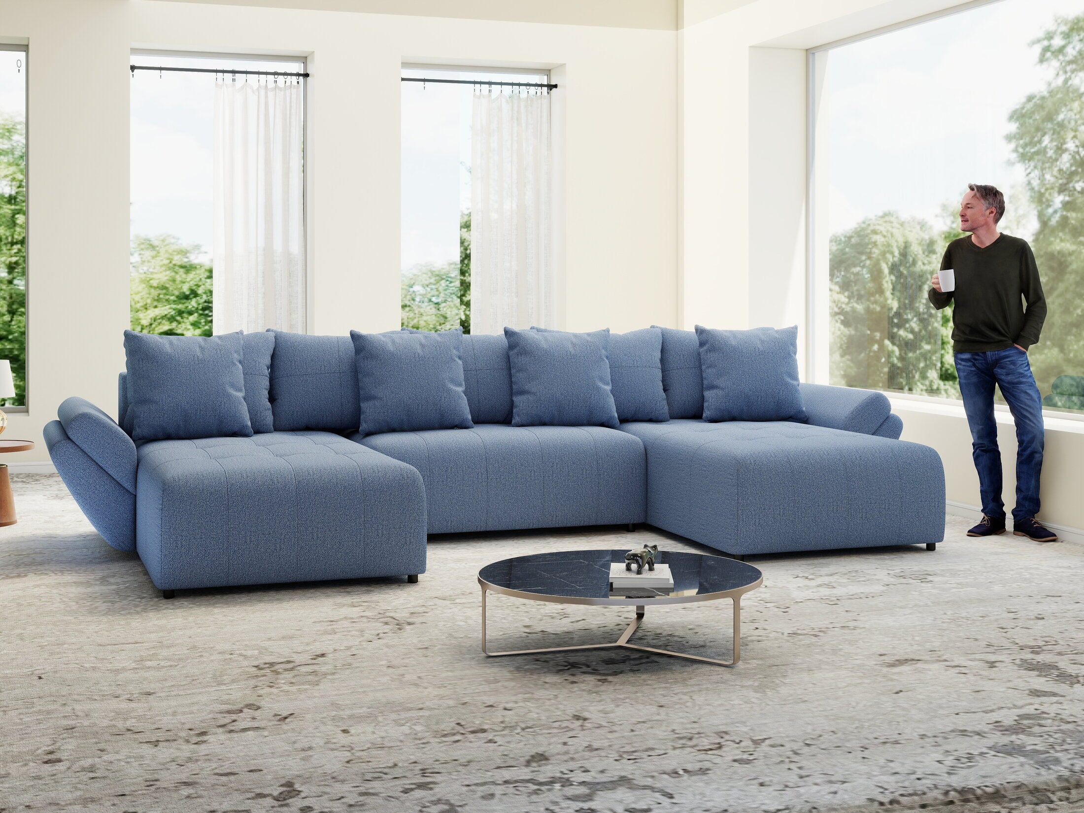 Colțar extensibil dumonde cu ladă de depozitare Berlin U Enjoy Blue 400x185 cm