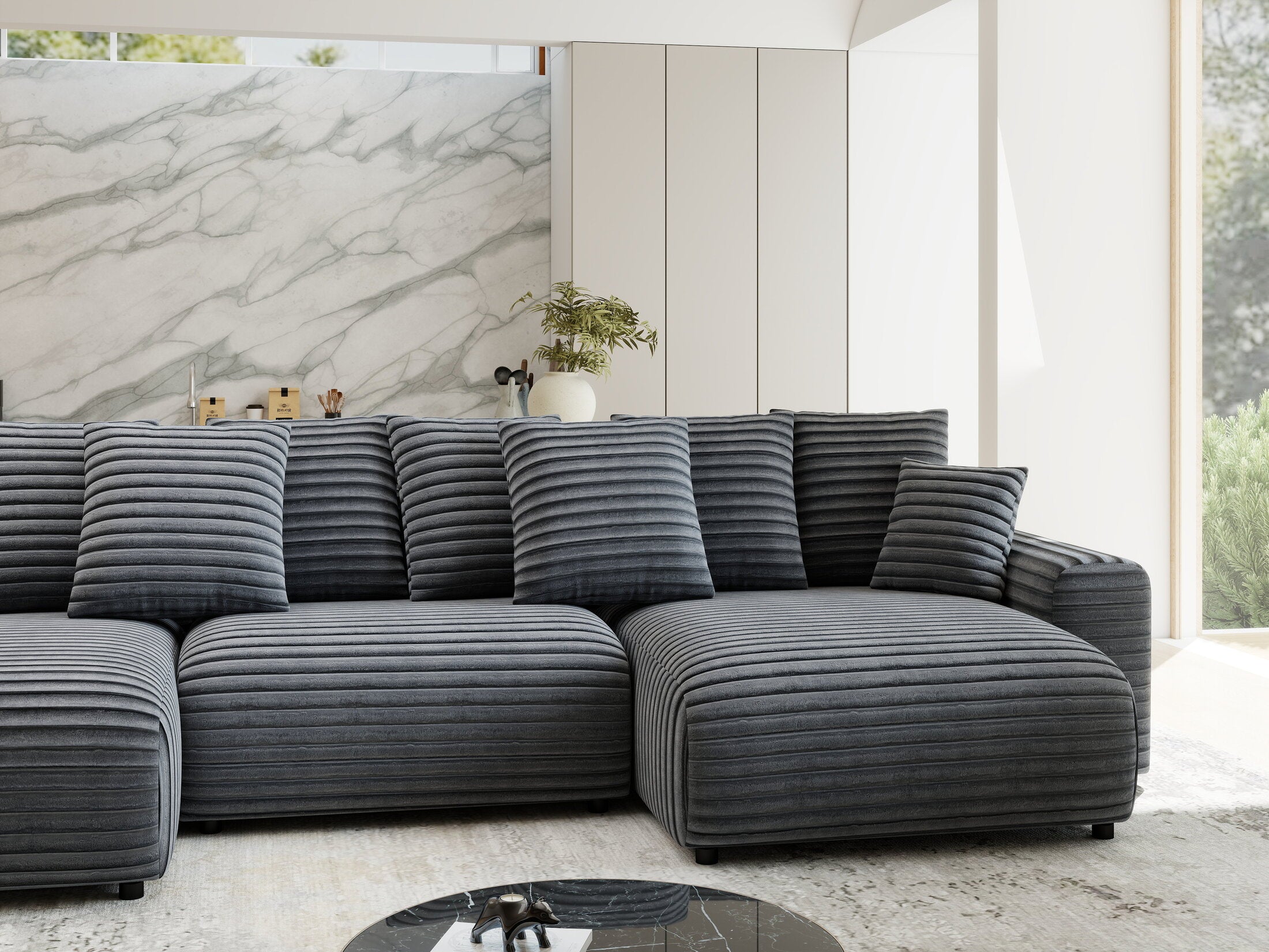 Colțar extensibil dumonde cu ladă de depozitare si sezut confortabil din spuma HR, Luma U Ambience Gri 336x140 cm