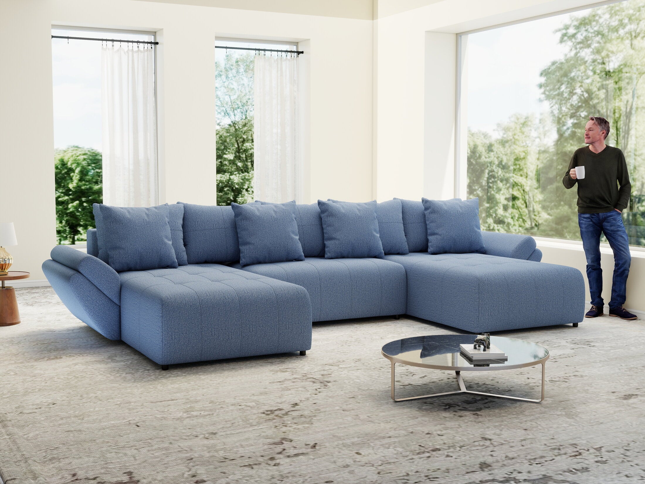 Colțar extensibil dumonde cu ladă de depozitare Berlin U Enjoy Blue 400x185 cm