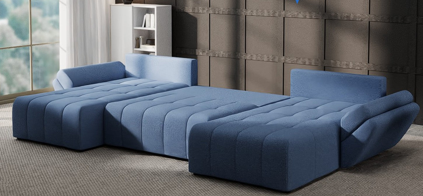 Colțar extensibil dumonde cu ladă de depozitare si sezut confortabil din spuma HR, Berlin U Enjoy Blue 380x180 cm Fabrica