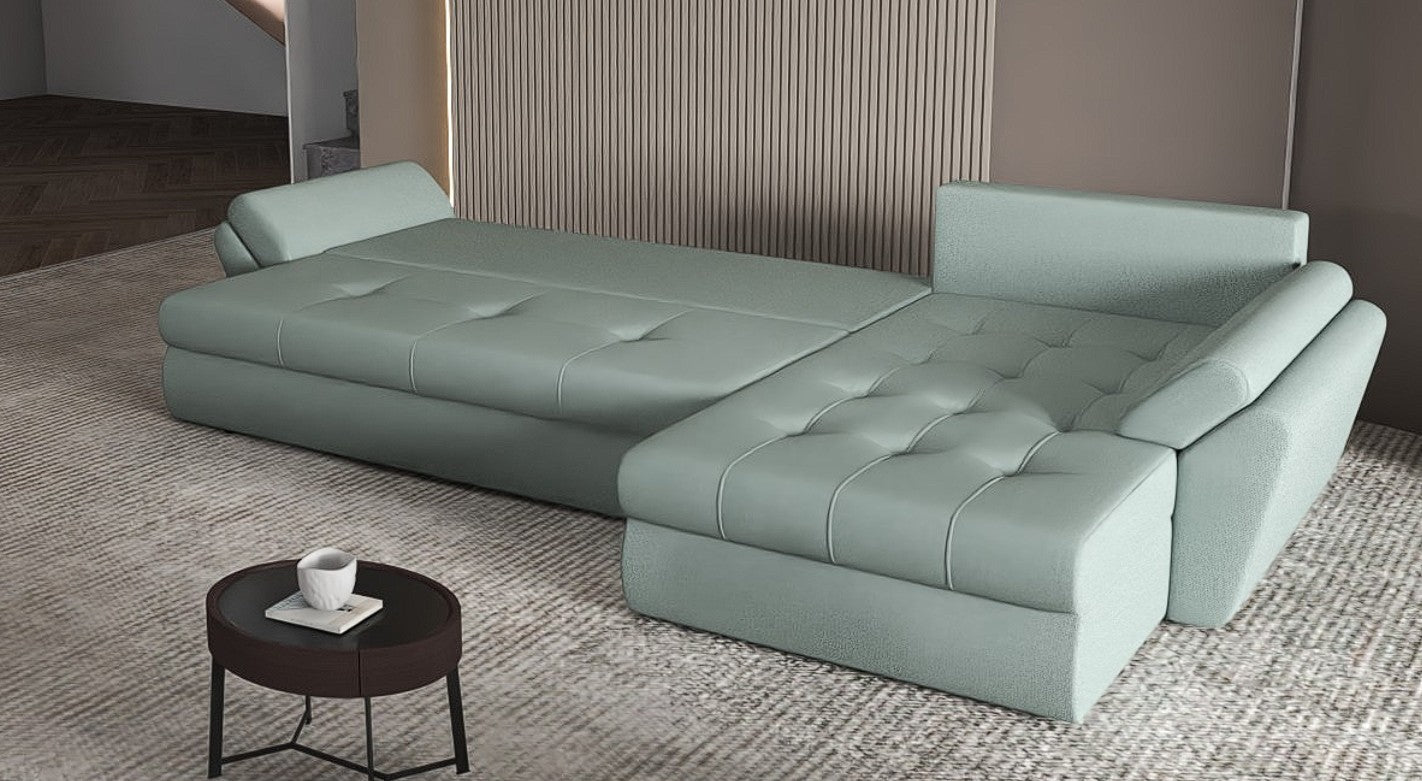 Colțar extensibil dumonde cu ladă de depozitare si sezut confortabil din spuma HR, Loana XL Enjoy Mint 335x185 cm Fabrica