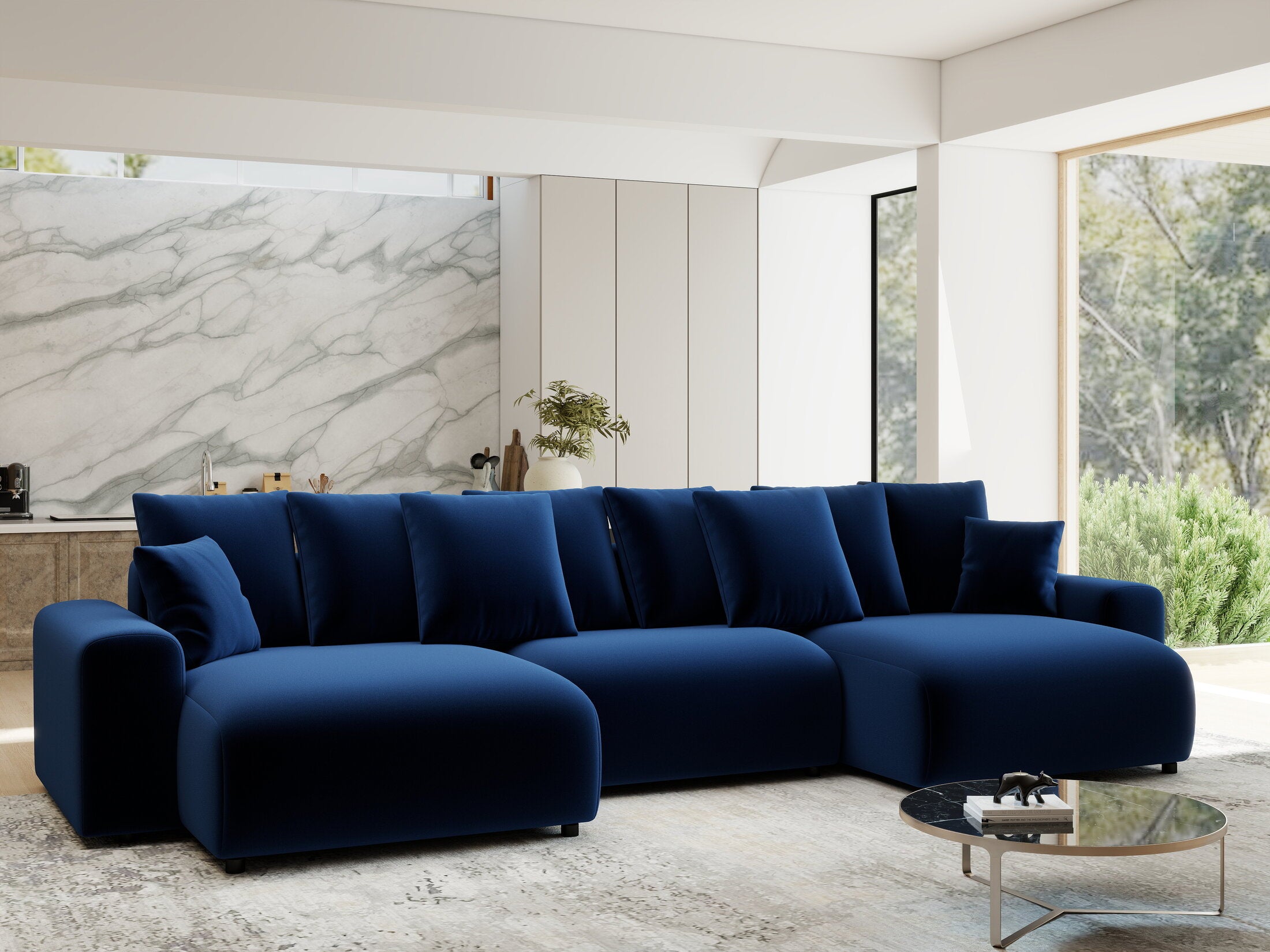 Colțar extensibil dumonde cu ladă de depozitare si sezut confortabil din spuma HR, Luma U Royal Albastru Navy 336x140 cm