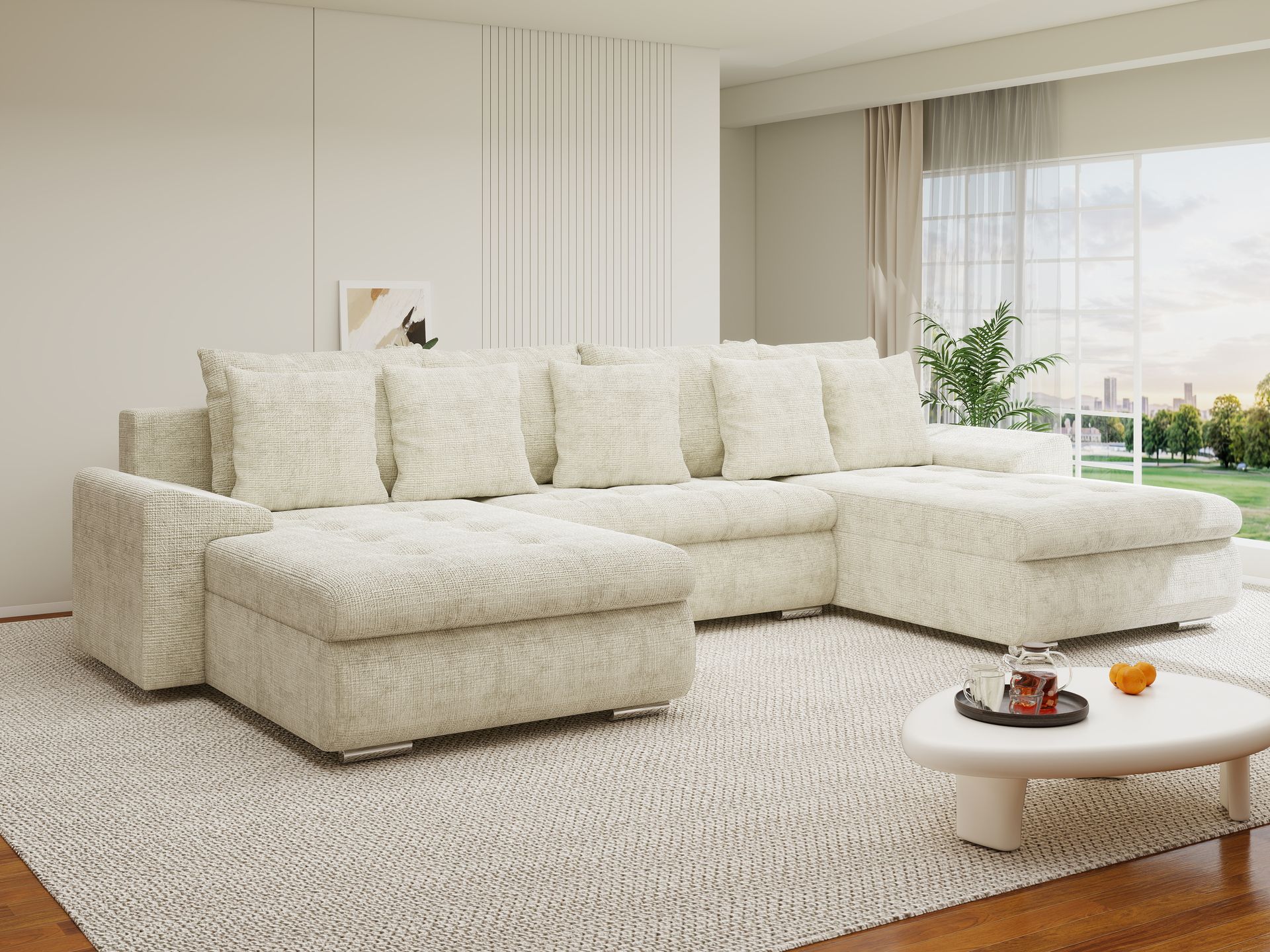Colțar extensibil dumonde cu ladă de depozitare si sezut confortabil din spuma high-density, Leonardo U Cremona Bej 01 360x185 cm