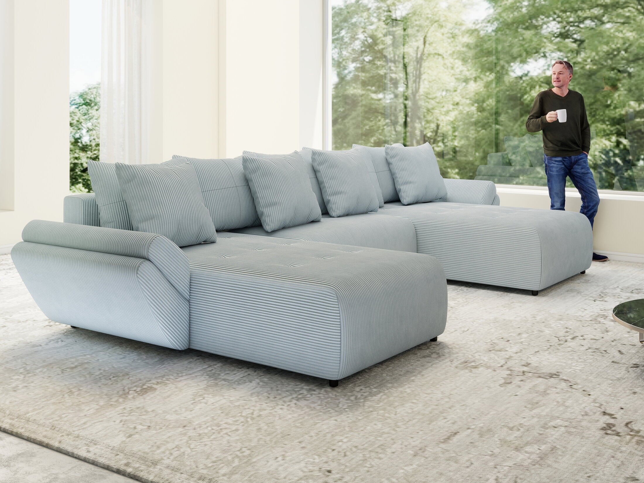 Colțar extensibil dumonde cu ladă de depozitare si sezut confortabil din spuma HR, Berlin U Zoom GREY 380x180 cm