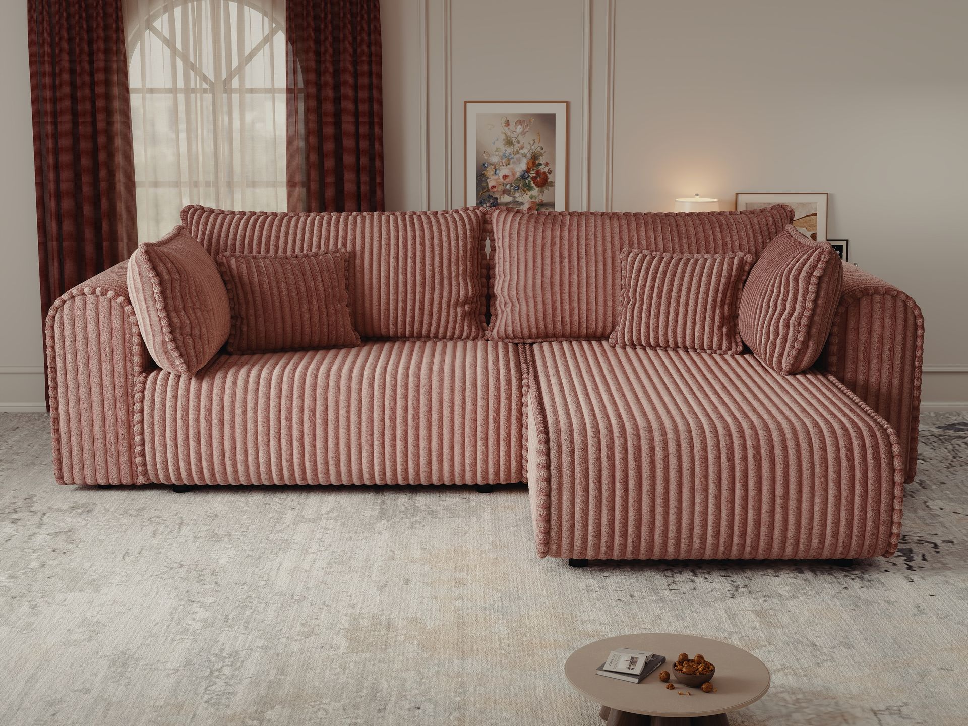 Colțar extensibil dumonde cu ladă de depozitare si sezut confortabil din spuma high-density, Monaco L Tilia Roz II 270x100 cm