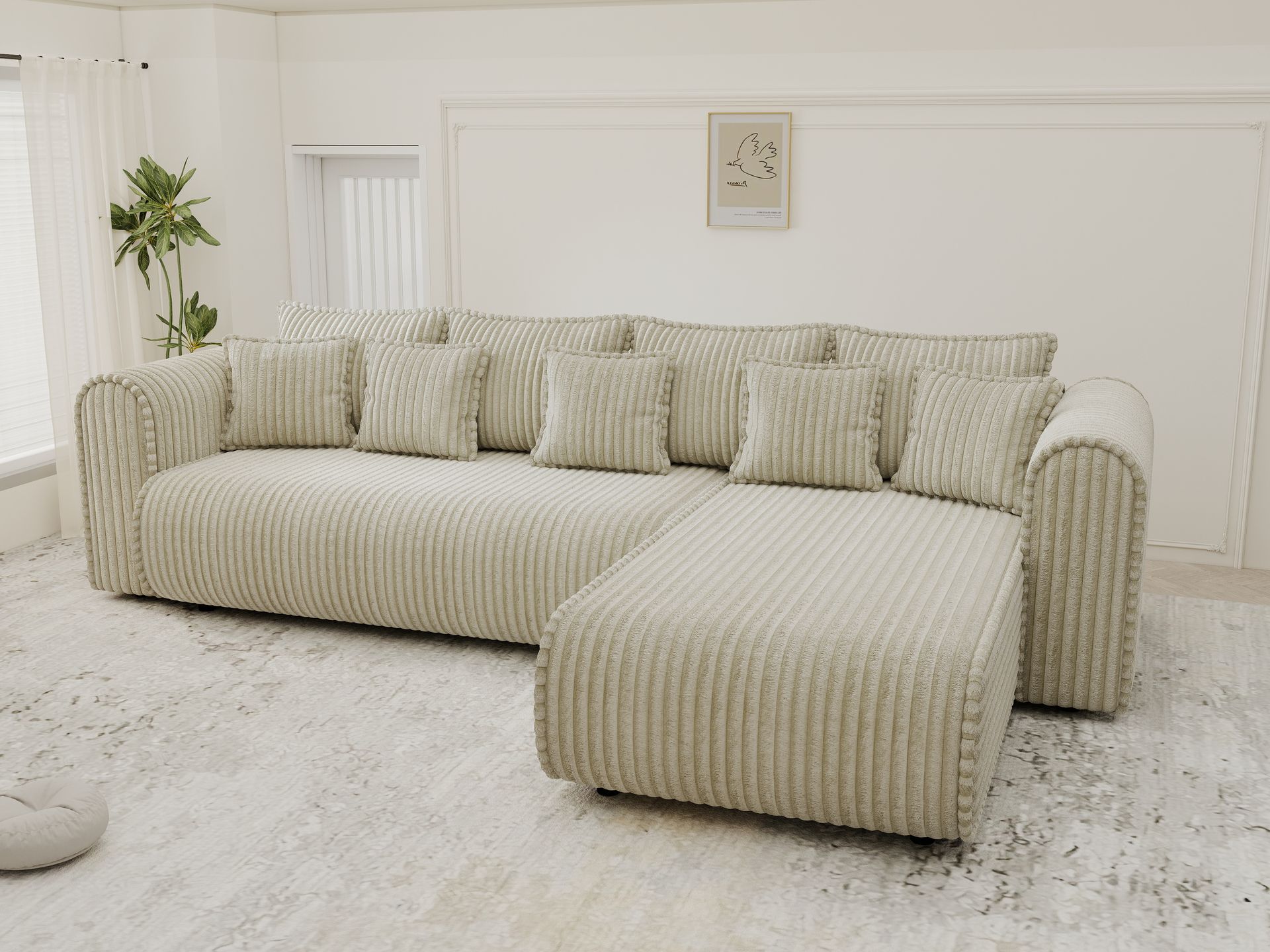 Colțar extensibil dumonde cu ladă de depozitare si sezut confortabil din spuma high-density, Monaco XL Tilia Bej II 340x185 cm