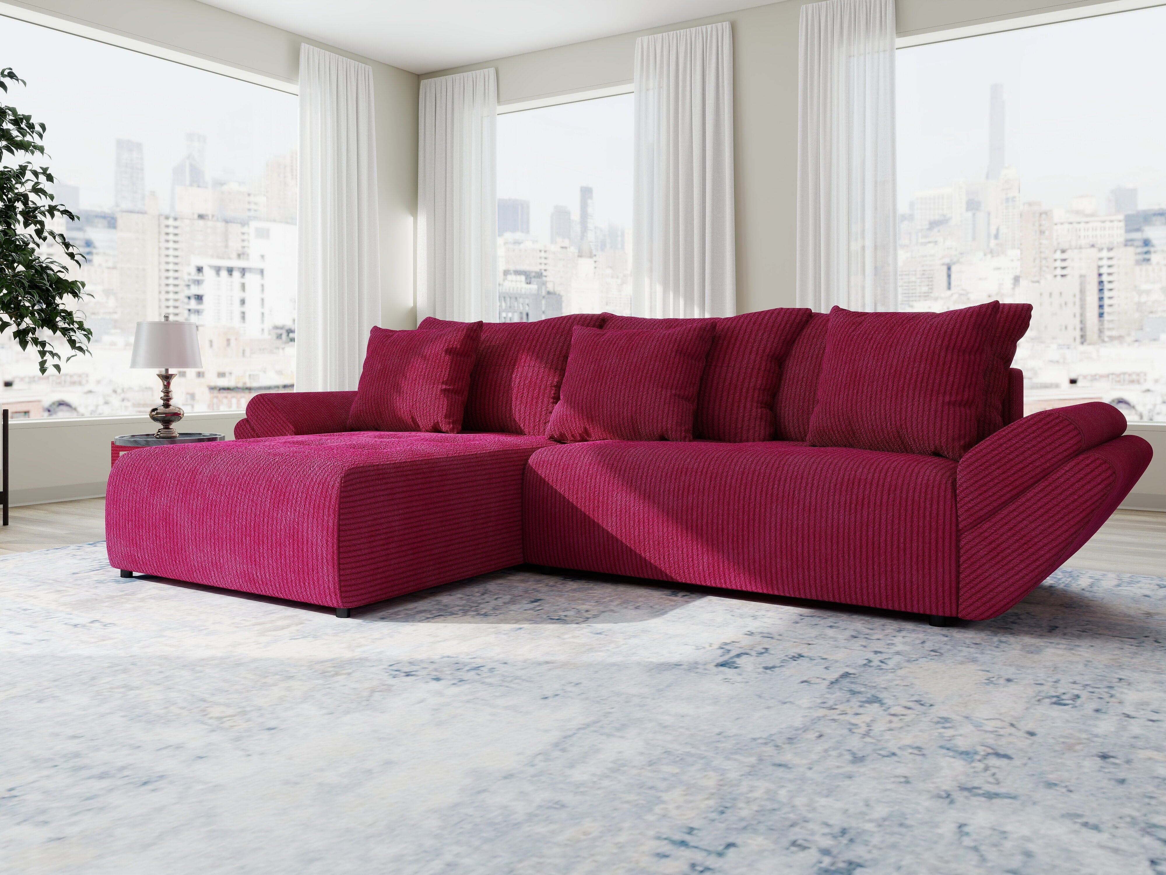 Colțar extensibil dumonde cu ladă de depozitare si sezut confortabil din spuma HR, Berlin Zoom Rosu 280x185 cm