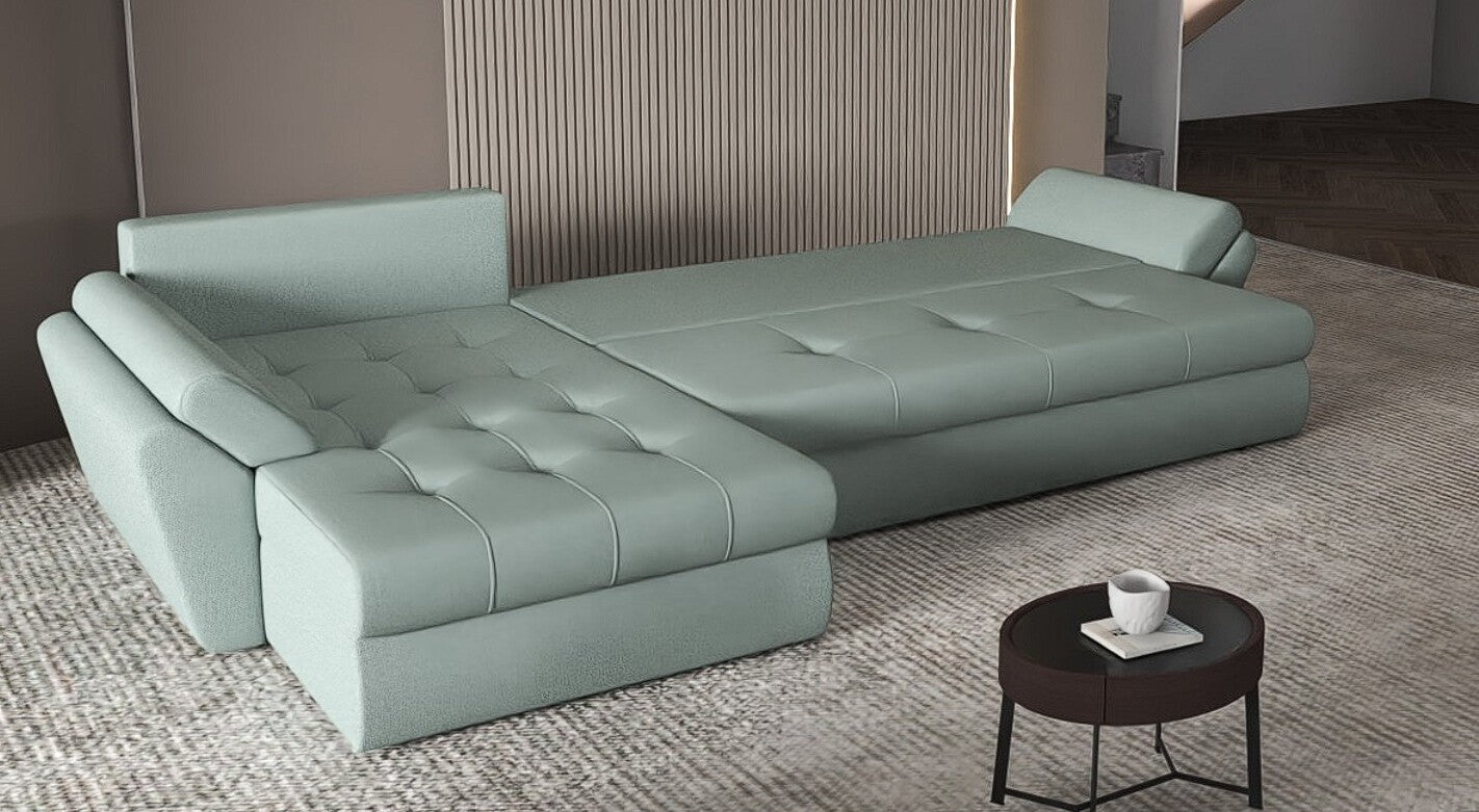 Colțar extensibil dumonde cu ladă de depozitare si sezut confortabil din spuma HR, Loana XL Enjoy Mint II 335x185 cm Fabrica