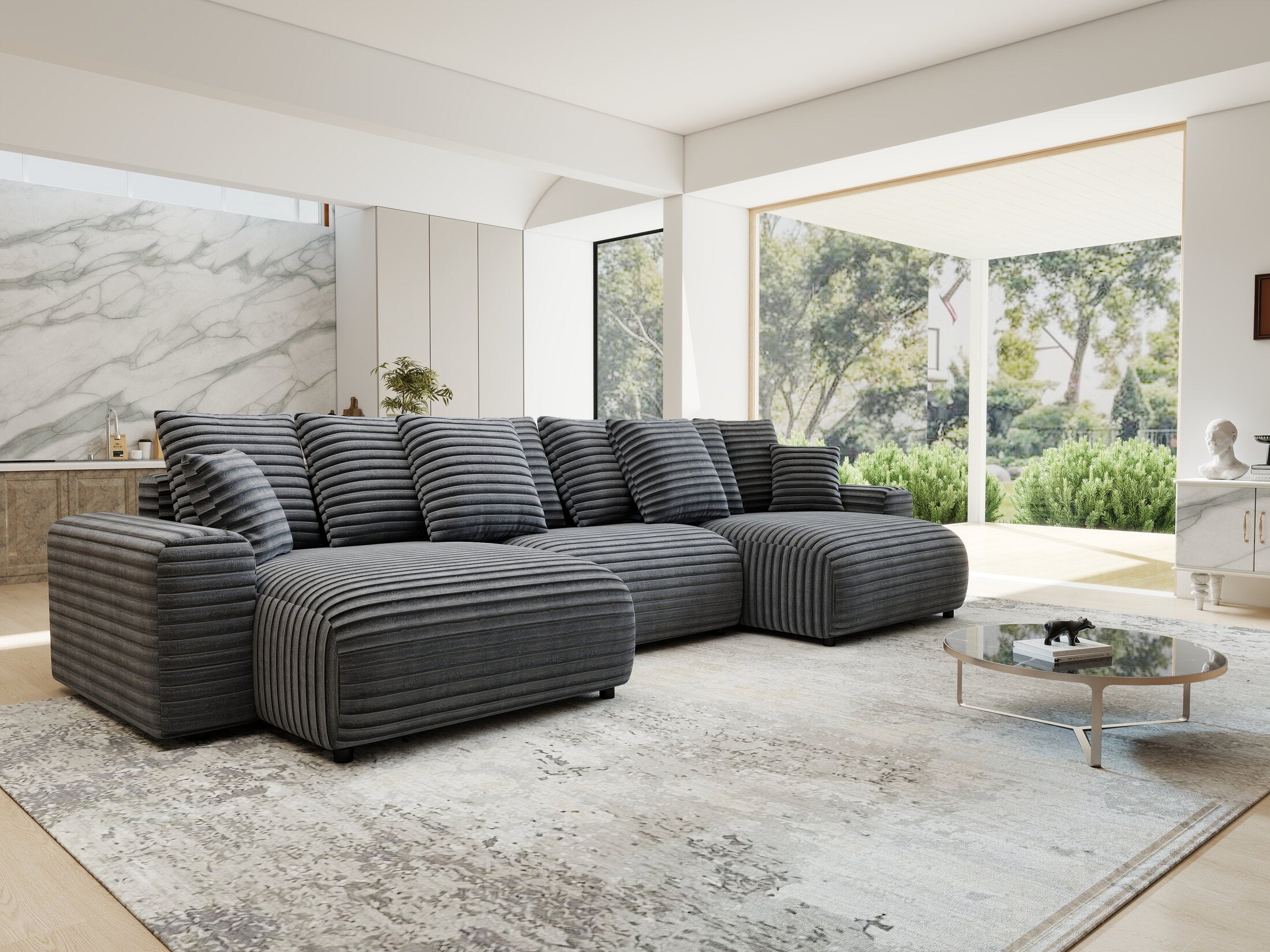 Colțar extensibil dumonde cu ladă de depozitare si sezut confortabil din spuma HR, Luma U Ambience Gri 336x140 cm