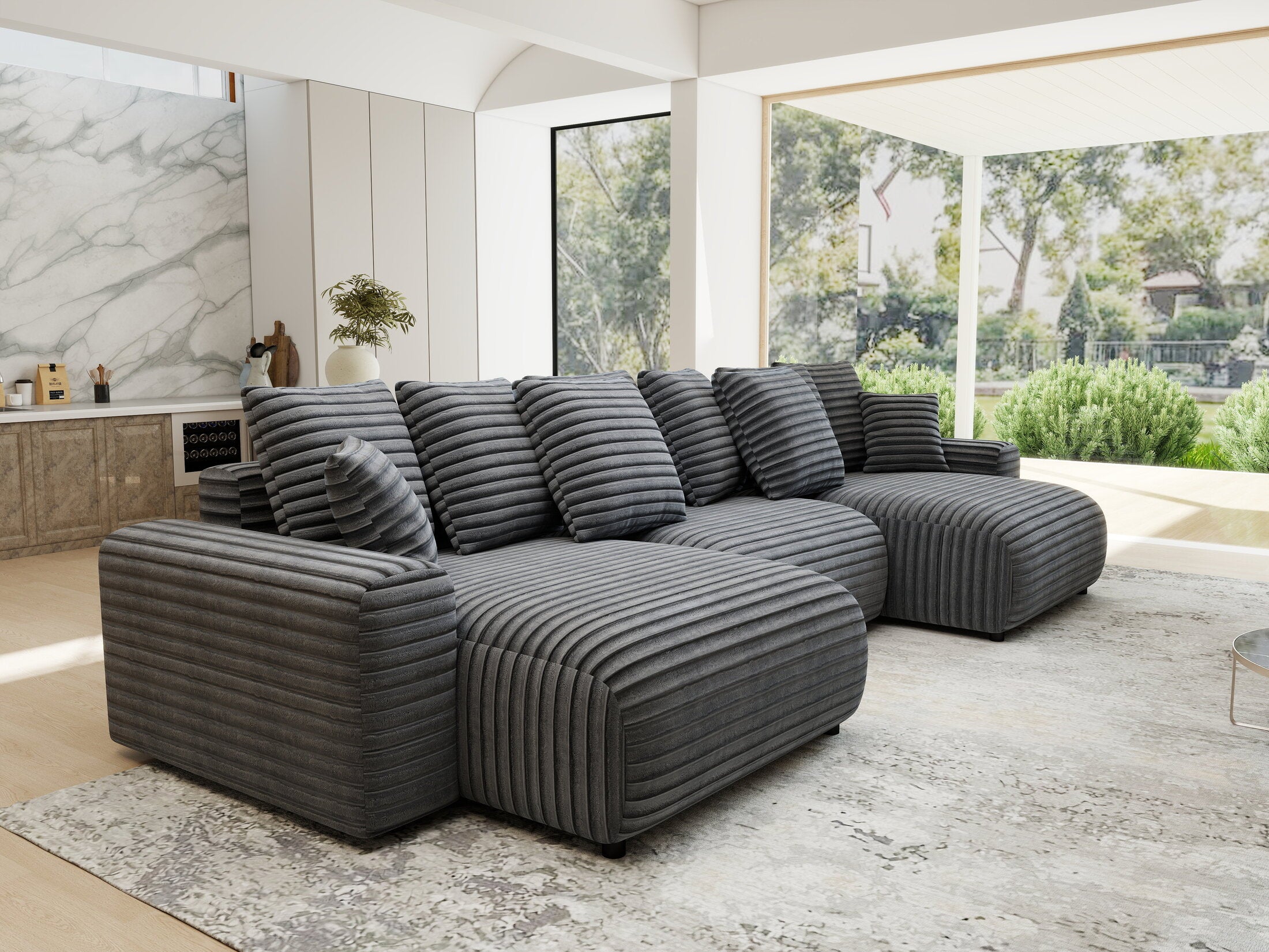 Colțar extensibil dumonde cu ladă de depozitare si sezut confortabil din spuma HR, Luma U Ambience Gri 336x140 cm