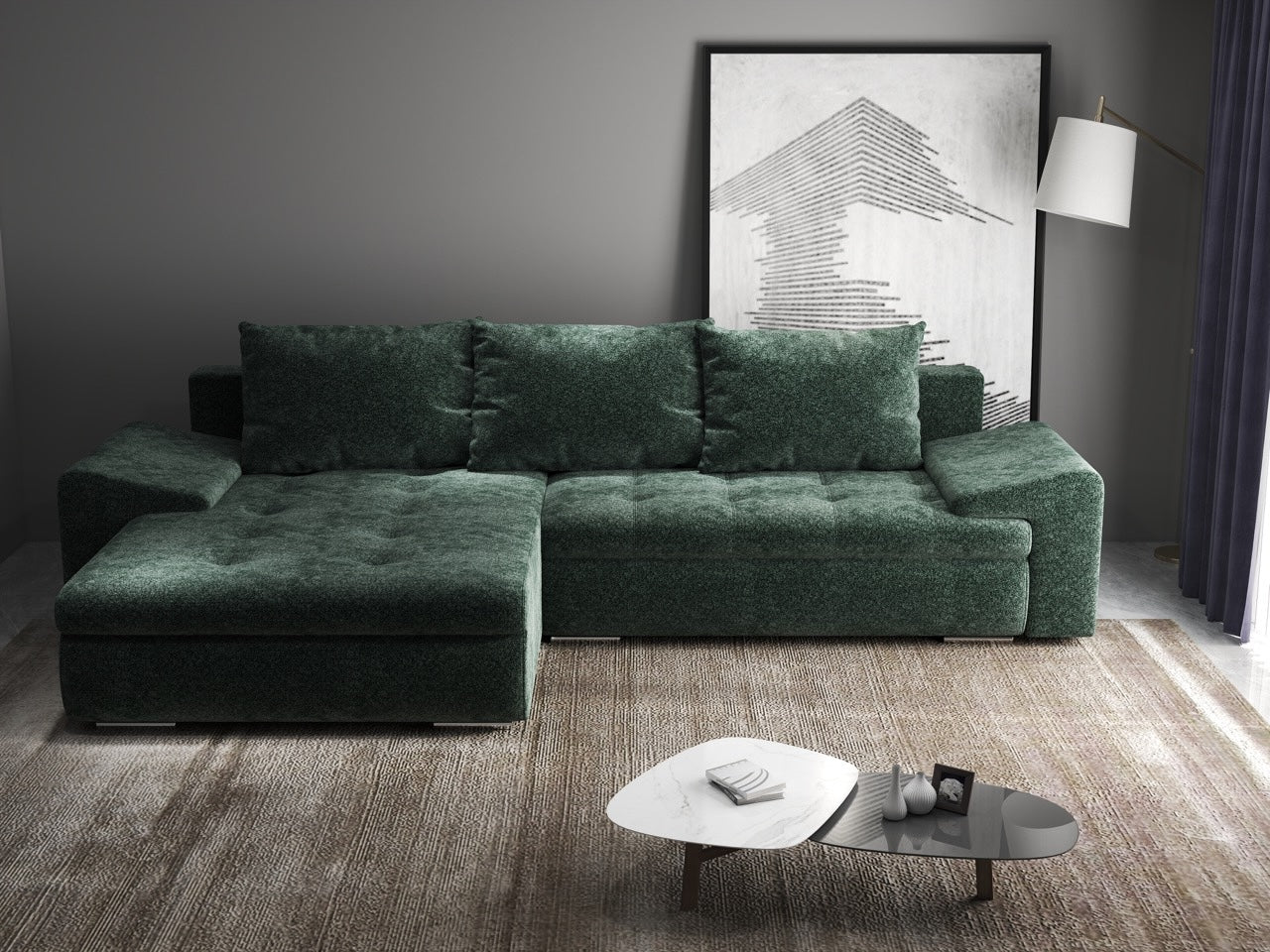 Colțar extensibil dumonde cu ladă de depozitare si sezut confortabil din spuma HR, Leonardo Euphoria Verde 260x185 cm Fabrica