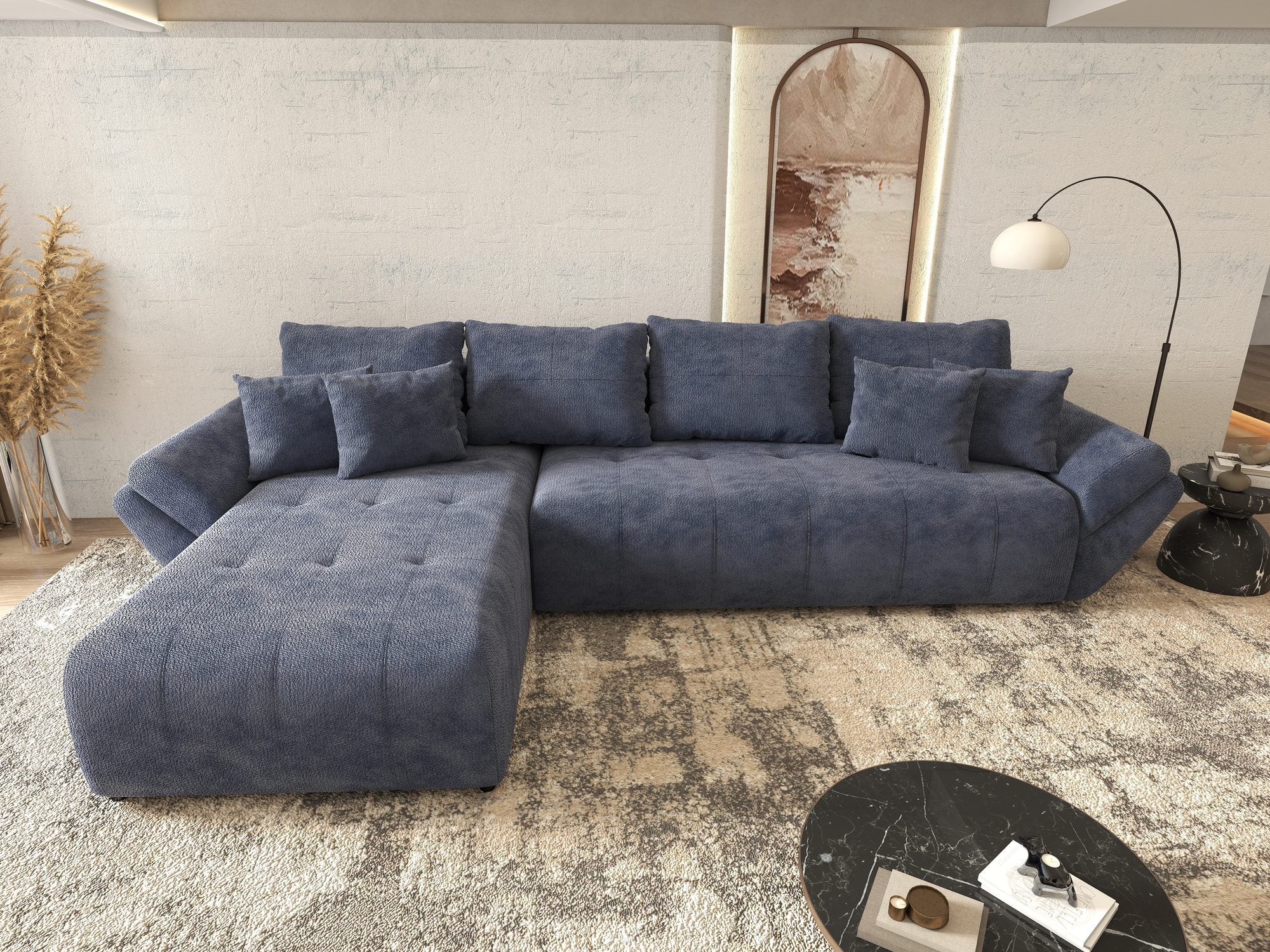 Colțar extensibil dumonde cu ladă de depozitare si sezut confortabil din spuma high-density, Berlin XL Vibe Albastru 79 350x185 cm
