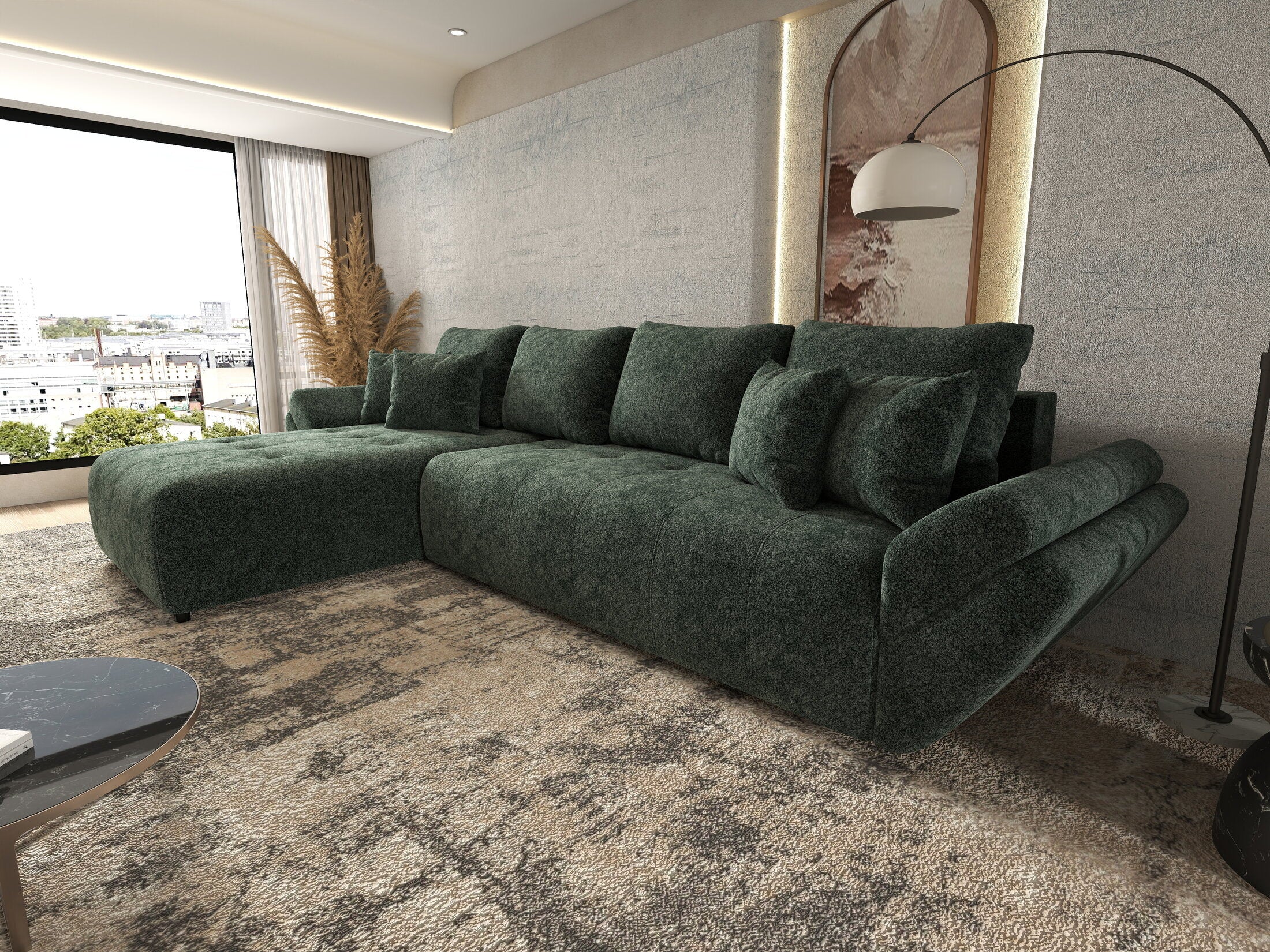 Colțar extensibil dumonde cu ladă de depozitare si sezut confortabil din spuma HR, Berlin XL Euphoria Green 350x185 cm