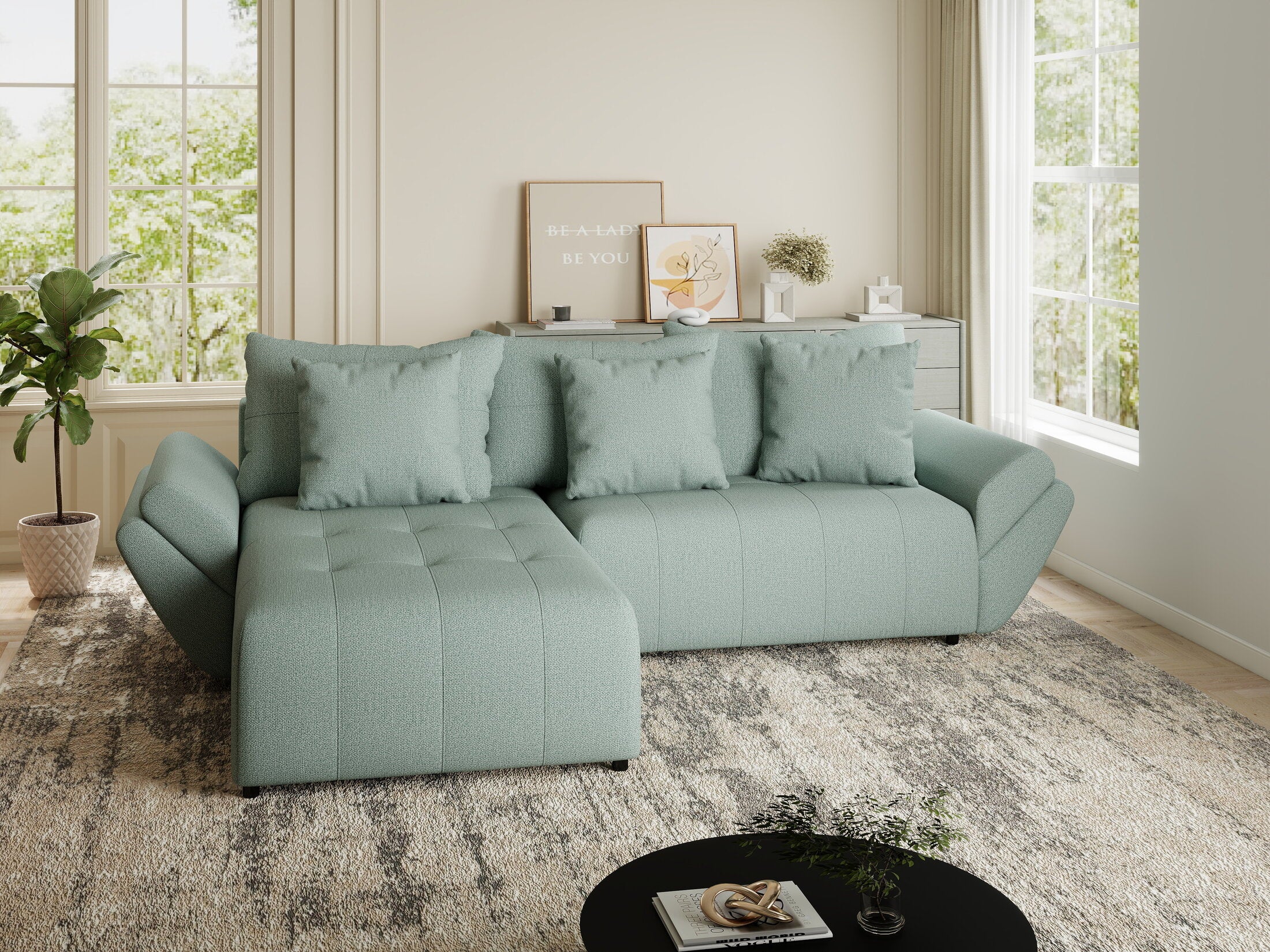 Colțar extensibil dumonde cu ladă de depozitare si sezut confortabil din spuma HR, Berlin Enjoy Verde Mint 280x185 cm