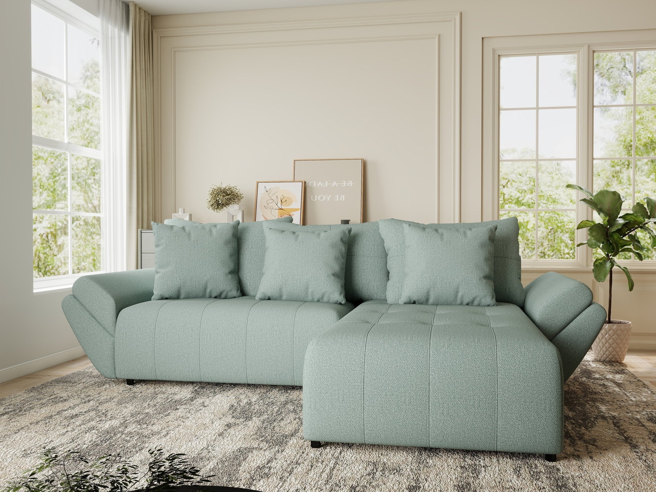 Colțar extensibil dumonde cu ladă de depozitare si sezut confortabil din spuma HR, Berlin Enjoy Verde Mint 280x185 cm II