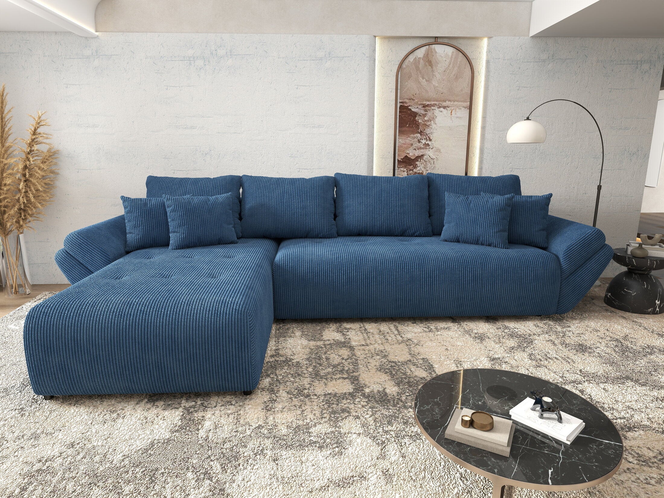 Colțar extensibil dumonde cu ladă de depozitare si sezut confortabil din spuma HR, Berlin XL Zoom Blue 350x185 cm