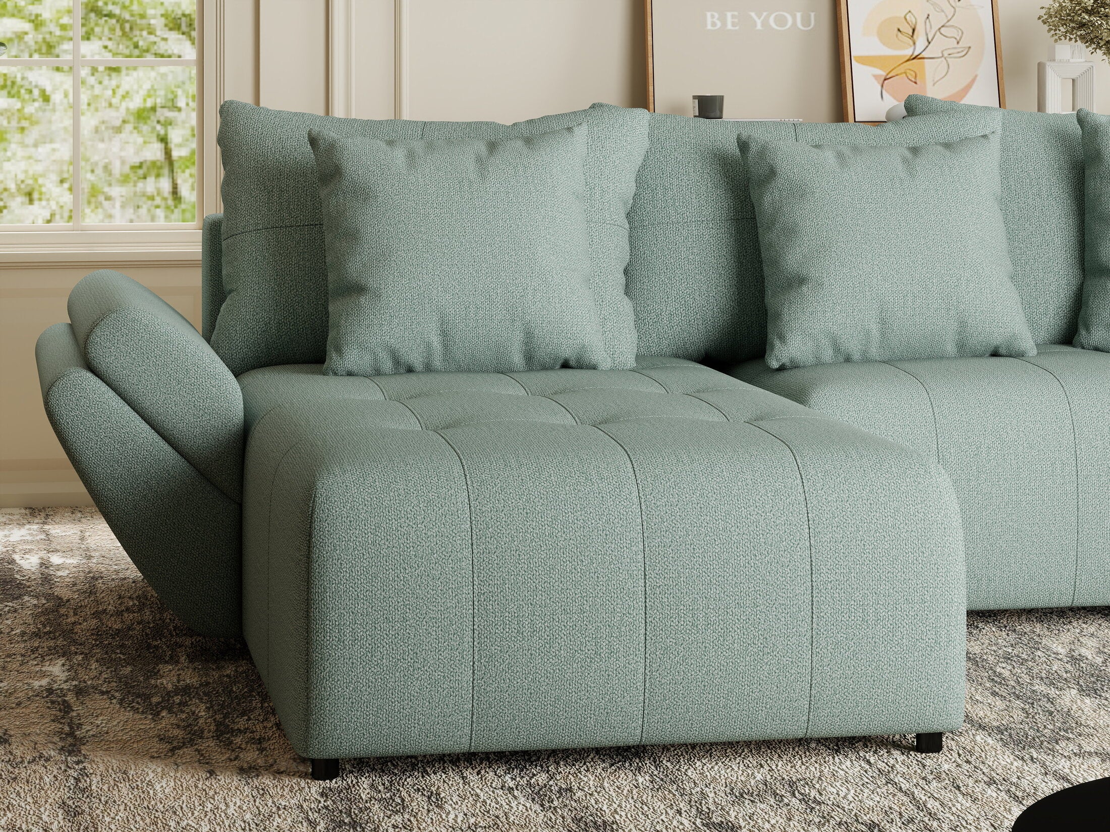 Colțar extensibil dumonde cu ladă de depozitare si sezut confortabil din spuma HR, Berlin Enjoy Verde Mint 280x185 cm