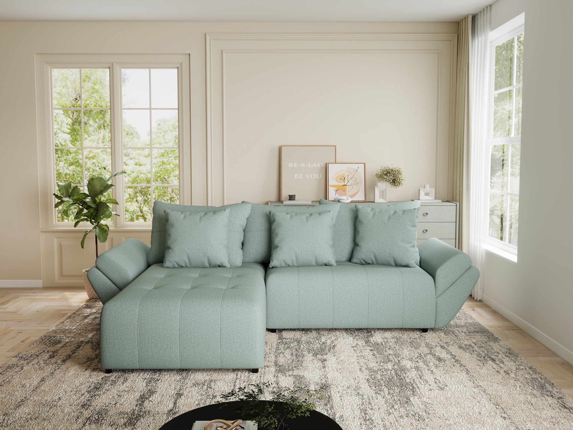 Colțar extensibil dumonde cu ladă de depozitare si sezut confortabil din spuma HR, Berlin Enjoy Verde Mint 280x185 cm