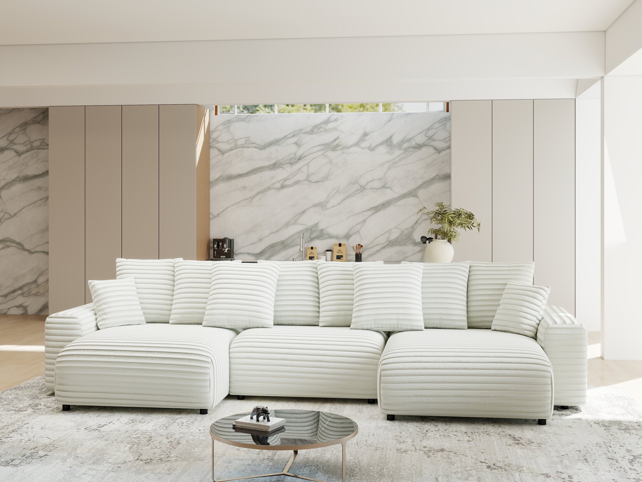 Colțar extensibil dumonde cu ladă de depozitare si sezut confortabil din spuma HR, Luma U Ambience Alb 336x140 cm