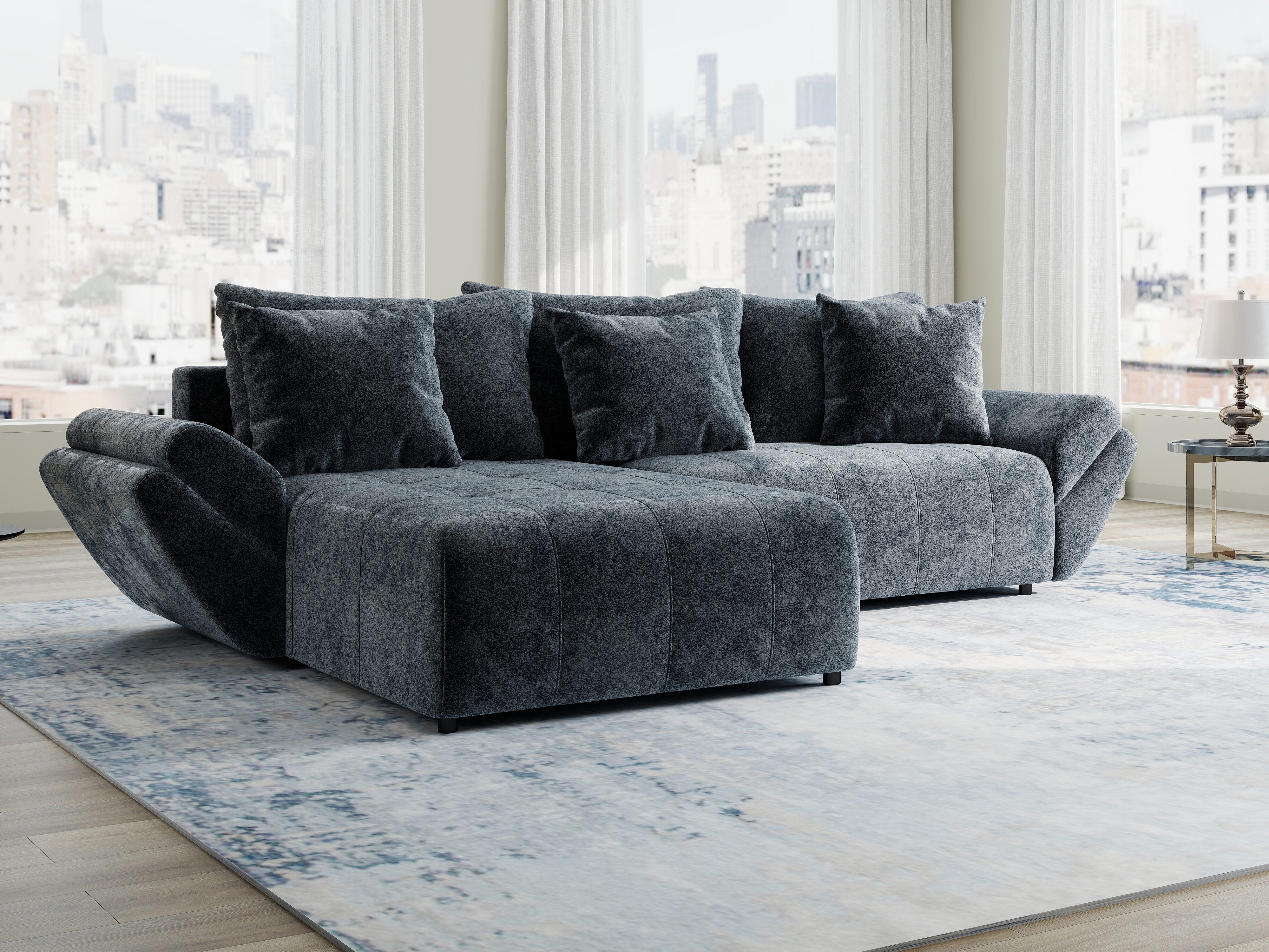 Colțar extensibil dumonde cu ladă de depozitare si sezut confortabil din spuma HR, Berlin Euphoria Gri Grafit 280x185 cm