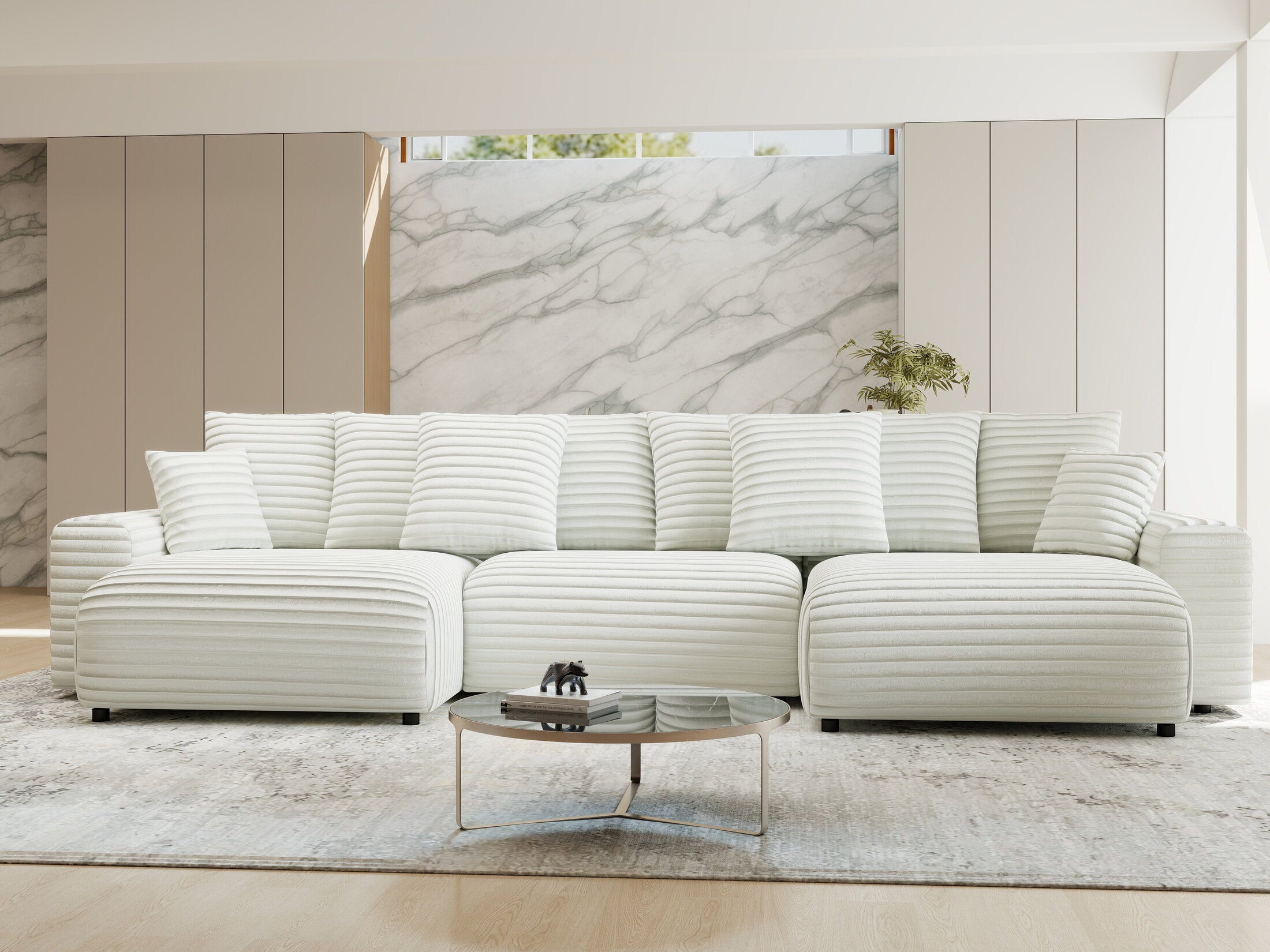 Colțar extensibil dumonde cu ladă de depozitare si sezut confortabil din spuma HR, Luma U Ambience Alb 336x140 cm