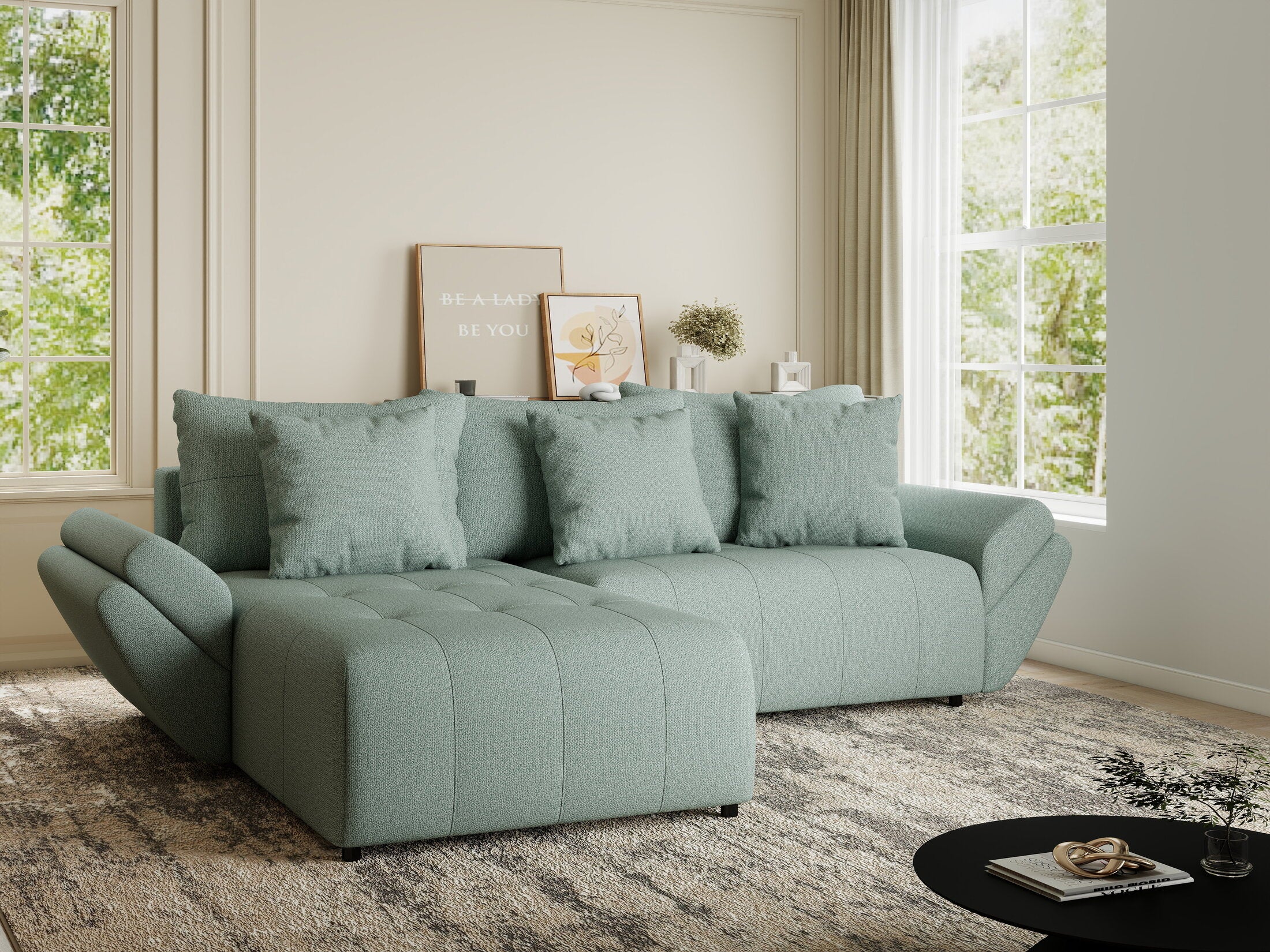 Colțar extensibil dumonde cu ladă de depozitare si sezut confortabil din spuma HR, Berlin Enjoy Verde Mint 280x185 cm