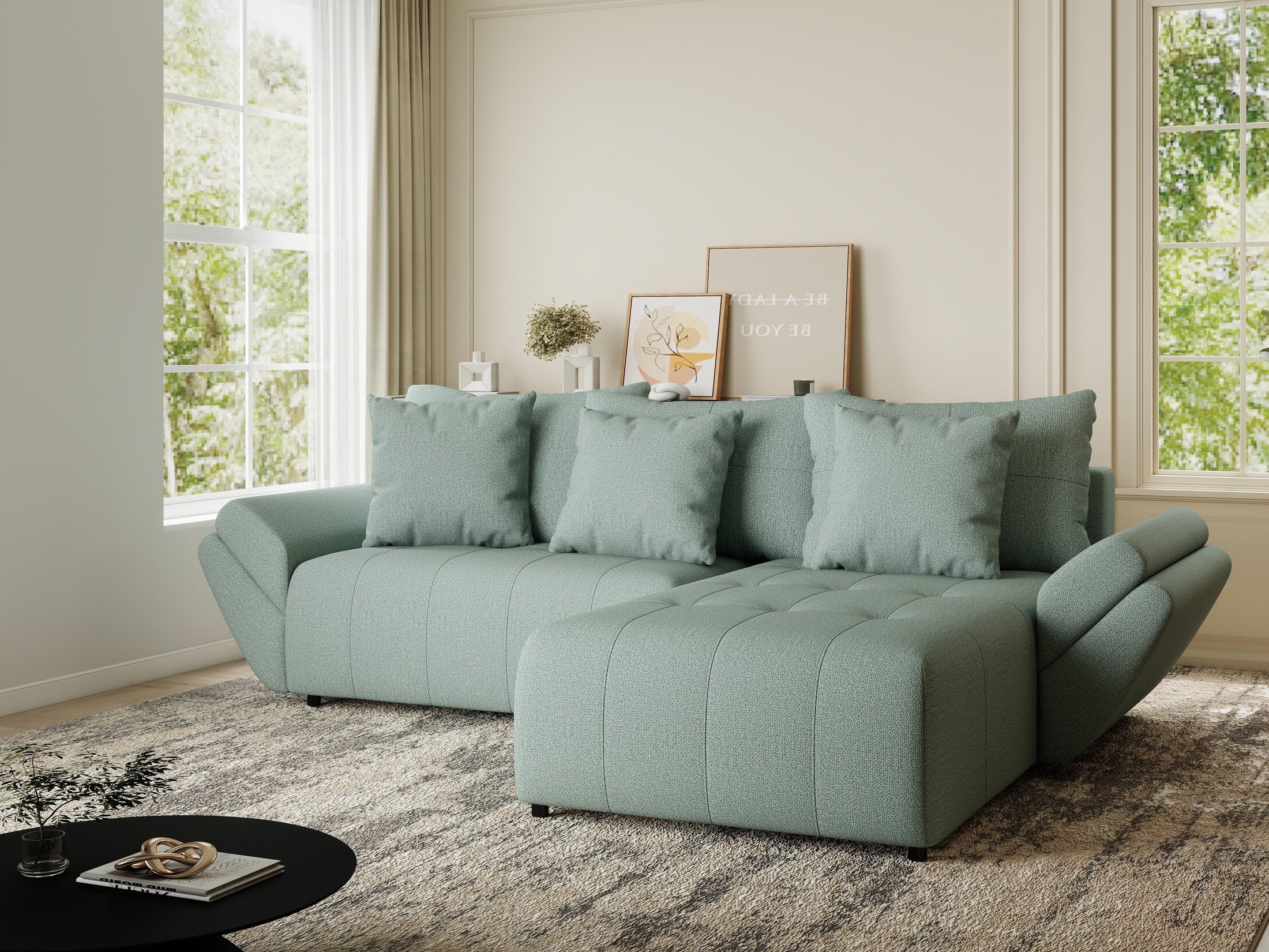 Colțar extensibil dumonde cu ladă de depozitare si sezut confortabil din spuma HR, Berlin Enjoy Verde Mint 280x185 cm II